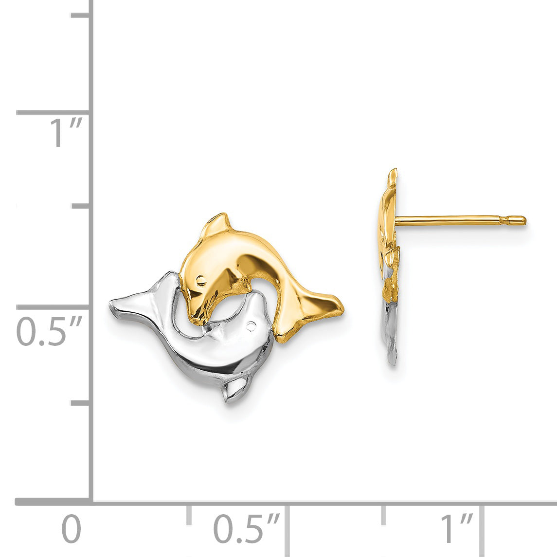 14K Gold Polished Dolphin Earrings with Rhodium Accent for Women