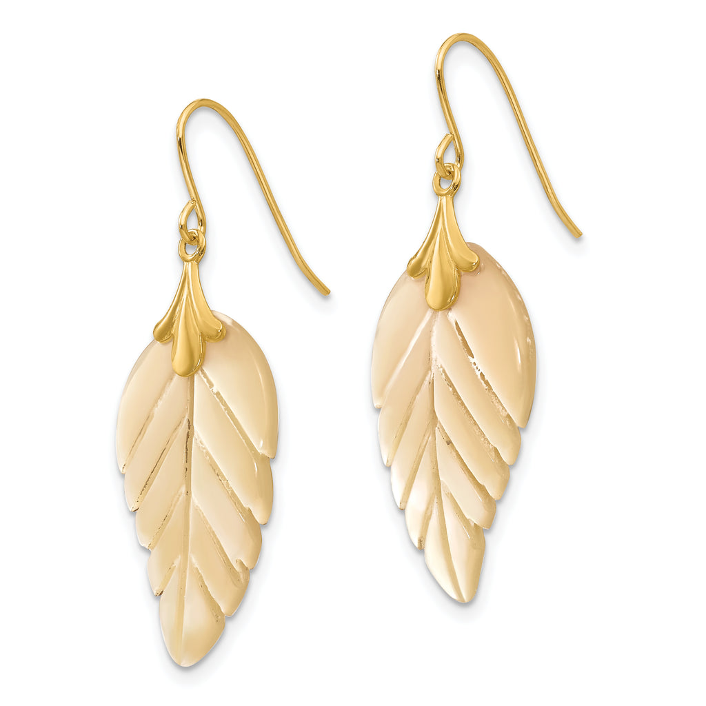 Mother of Pearl Leaf Dangle Earrings in 14K Yellow Gold