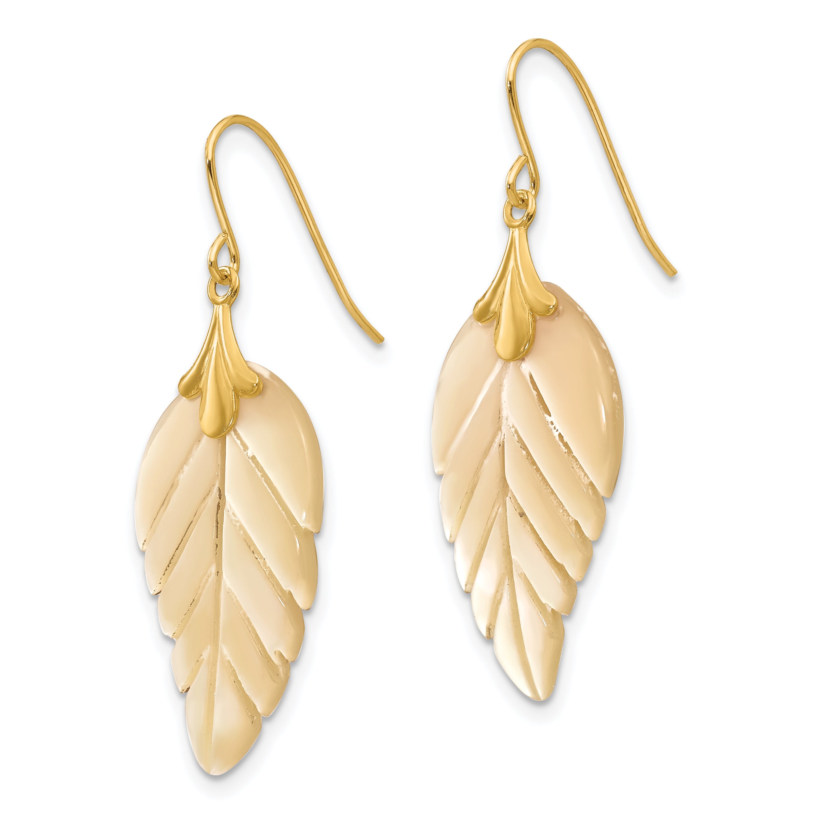 Mother of Pearl Leaf Dangle Earrings in 14K Yellow Gold