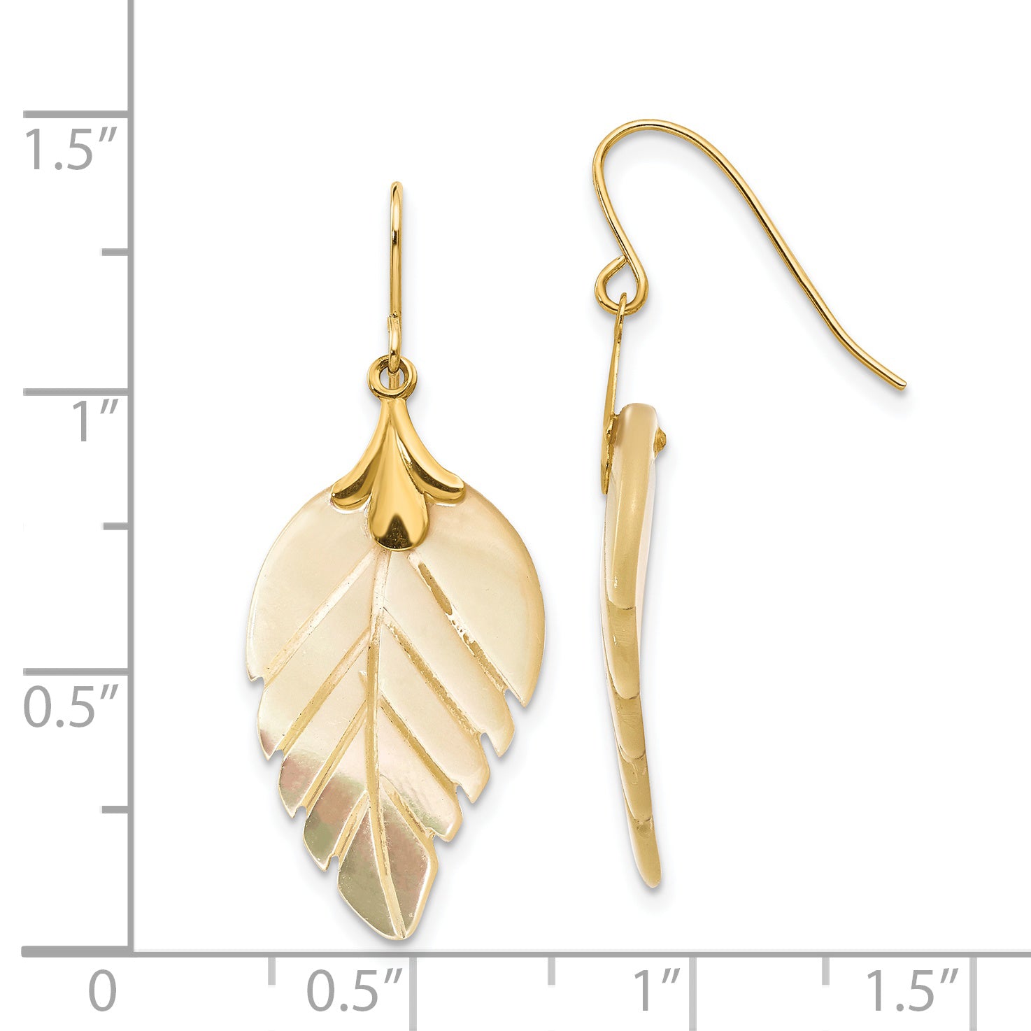 Mother of Pearl Leaf Dangle Earrings in 14K Yellow Gold