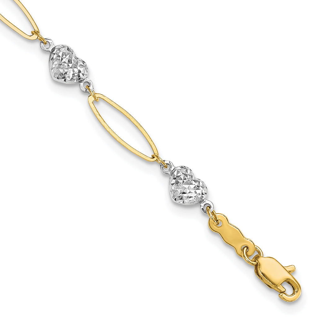 14k Two-tone Puff Heart & Flat Oval Bracelet
