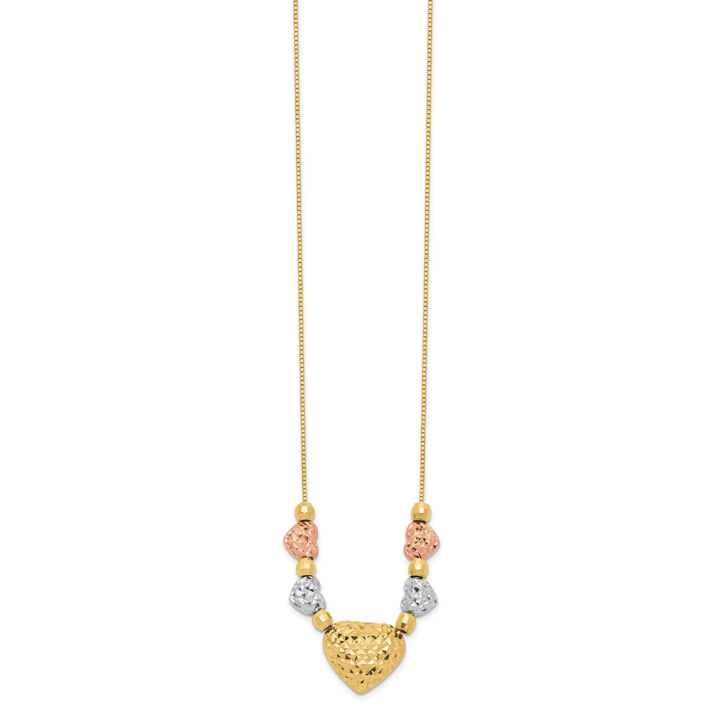 14k Tri-color Puff & Flat Hearts Necklace Secondary image