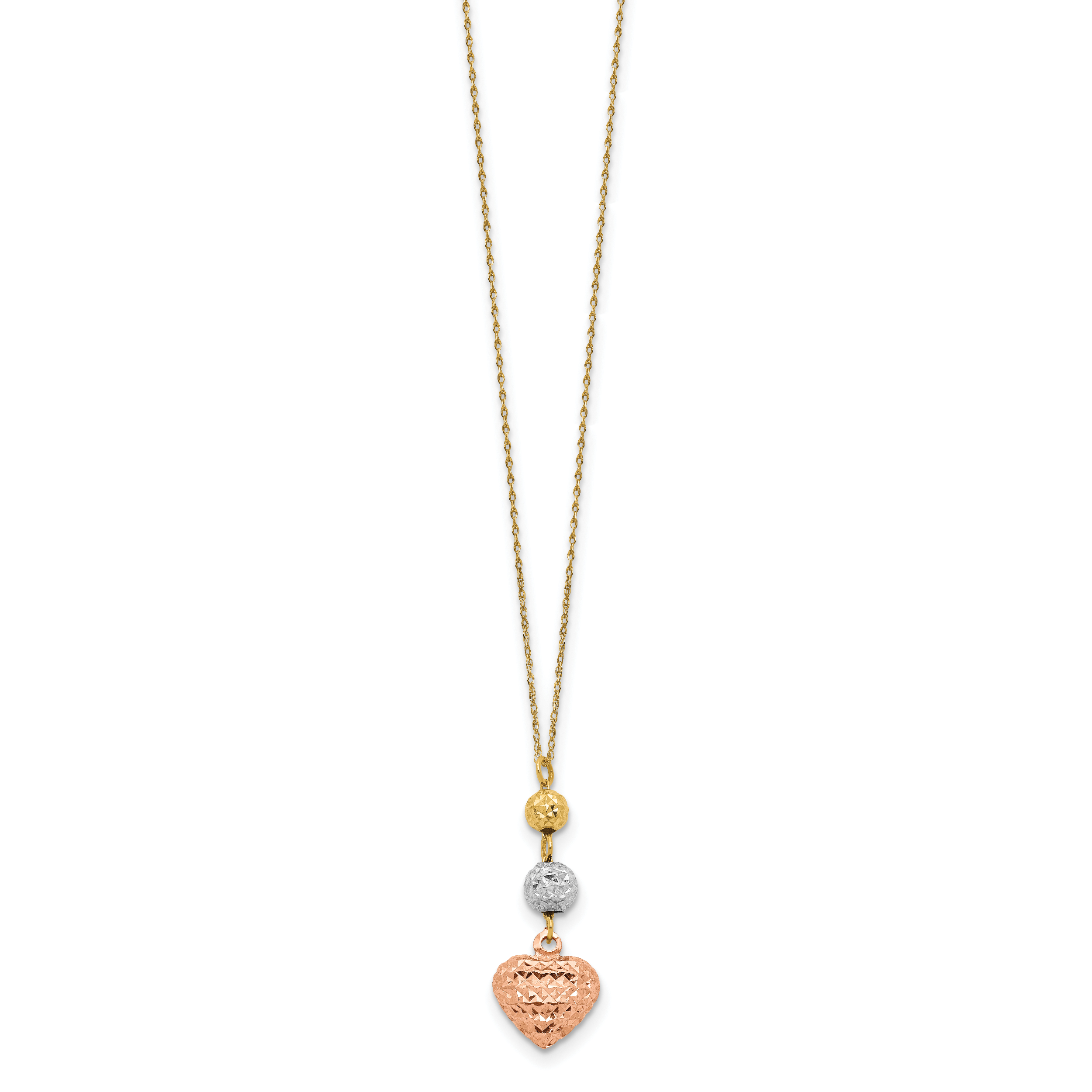 14K Tri-color Ropa Diamond Cut Beads & Heart w/ 2in Ext Necklace Secondary image