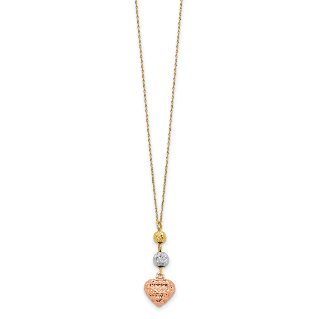 14K Tri-color Ropa Diamond Cut Beads & Heart w/ 2in Ext Necklace