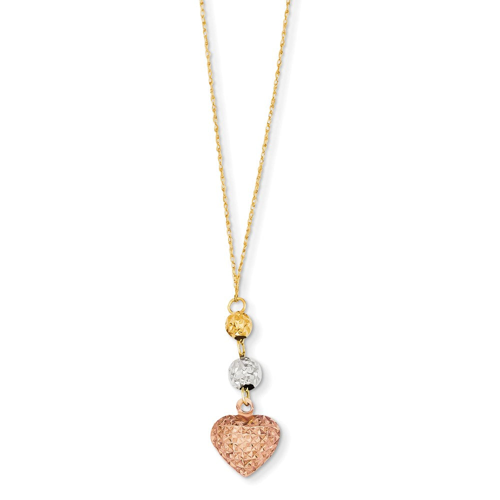 14K Tri-Color Gold Ropa Necklace with Diamond-Cut Beads & Heart Charm