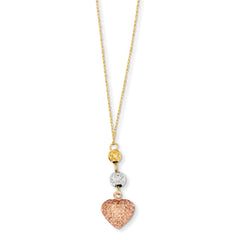 14K Tri-Color Gold Ropa Necklace with Diamond-Cut Beads & Heart Charm