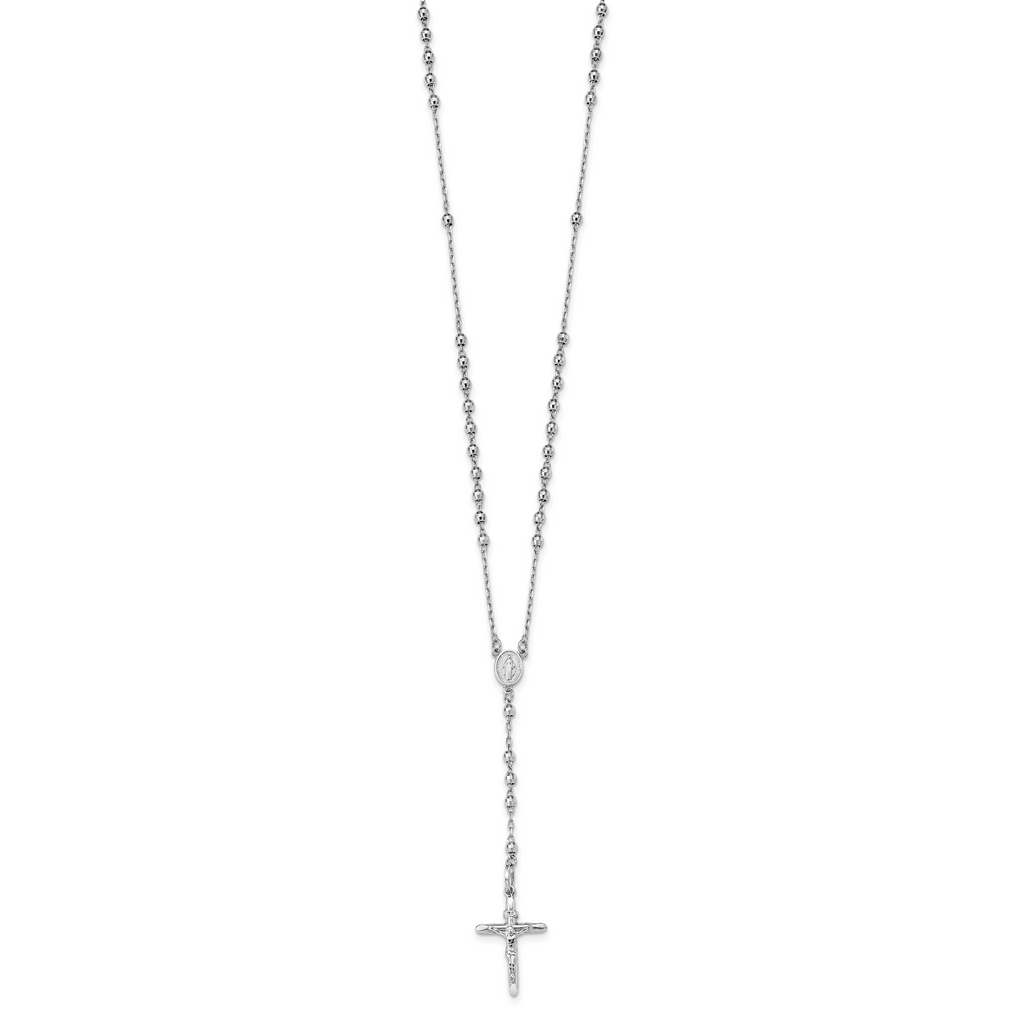14K White Gold Diamond-Cut Beaded Rosary Necklace Unisex 24-Inch