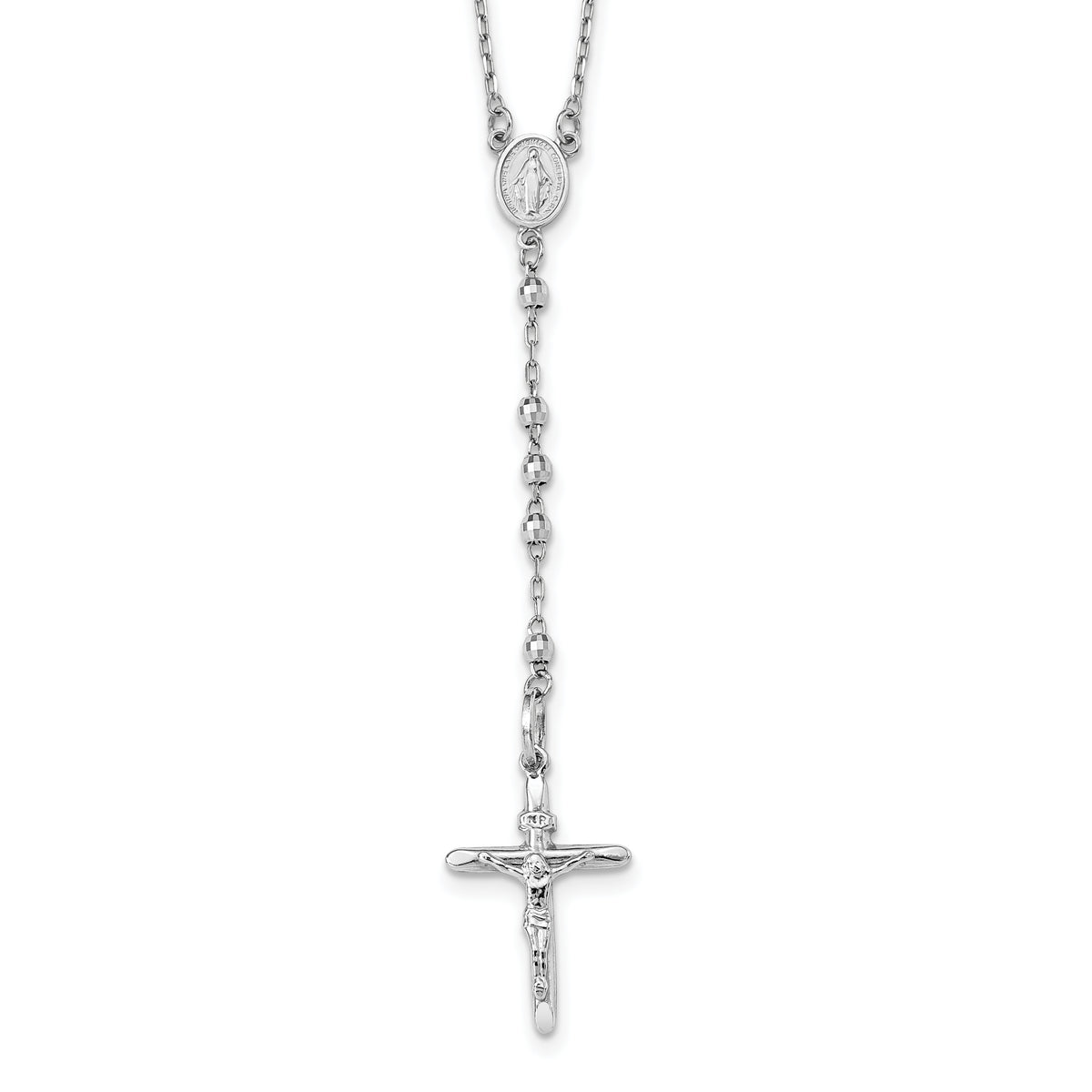 14k White Gold Diamond-cut 3mm Beaded Rosary 24 inch Necklace