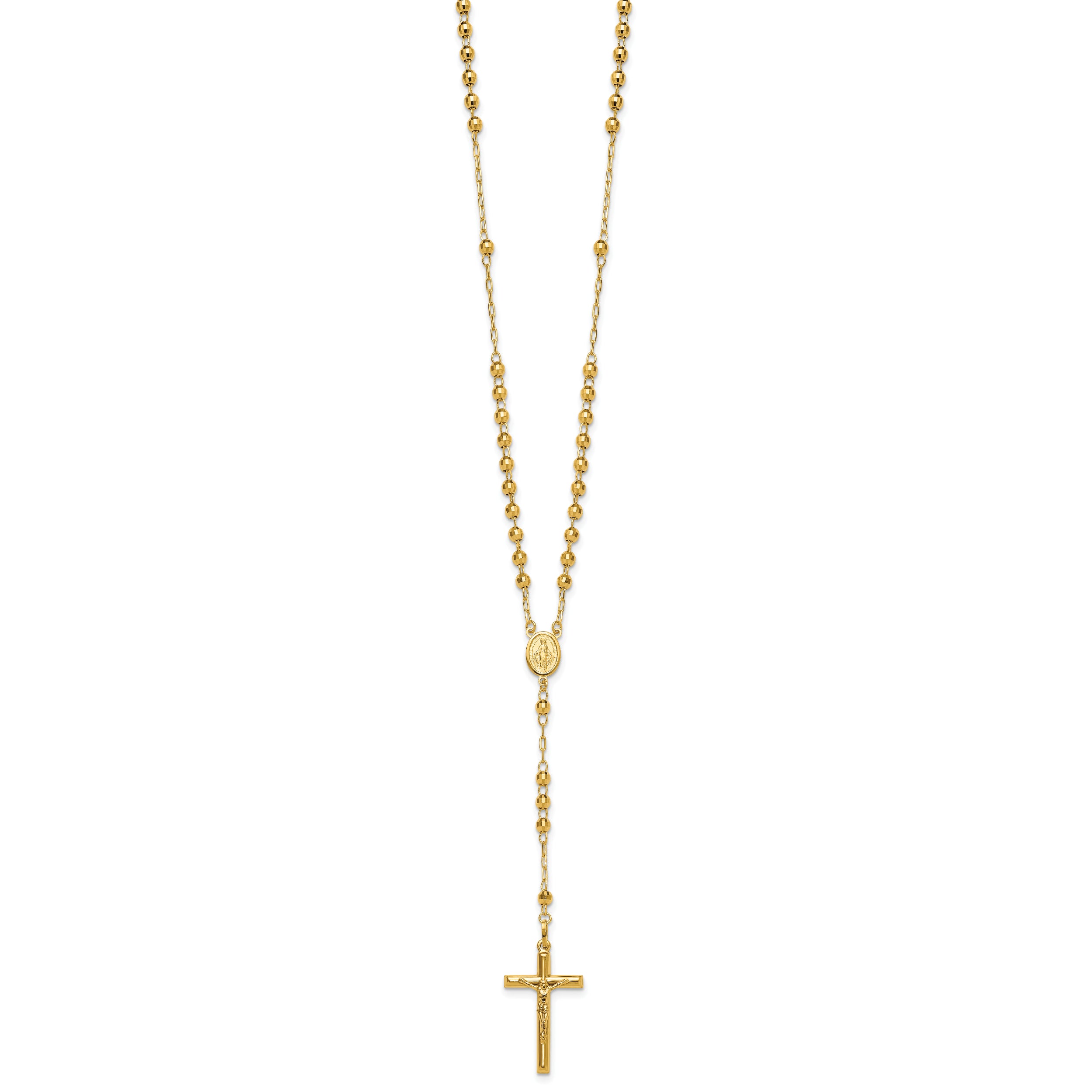 14K Gold Unisex Diamond-Cut Beaded Rosary Necklace 24-Inch - 24