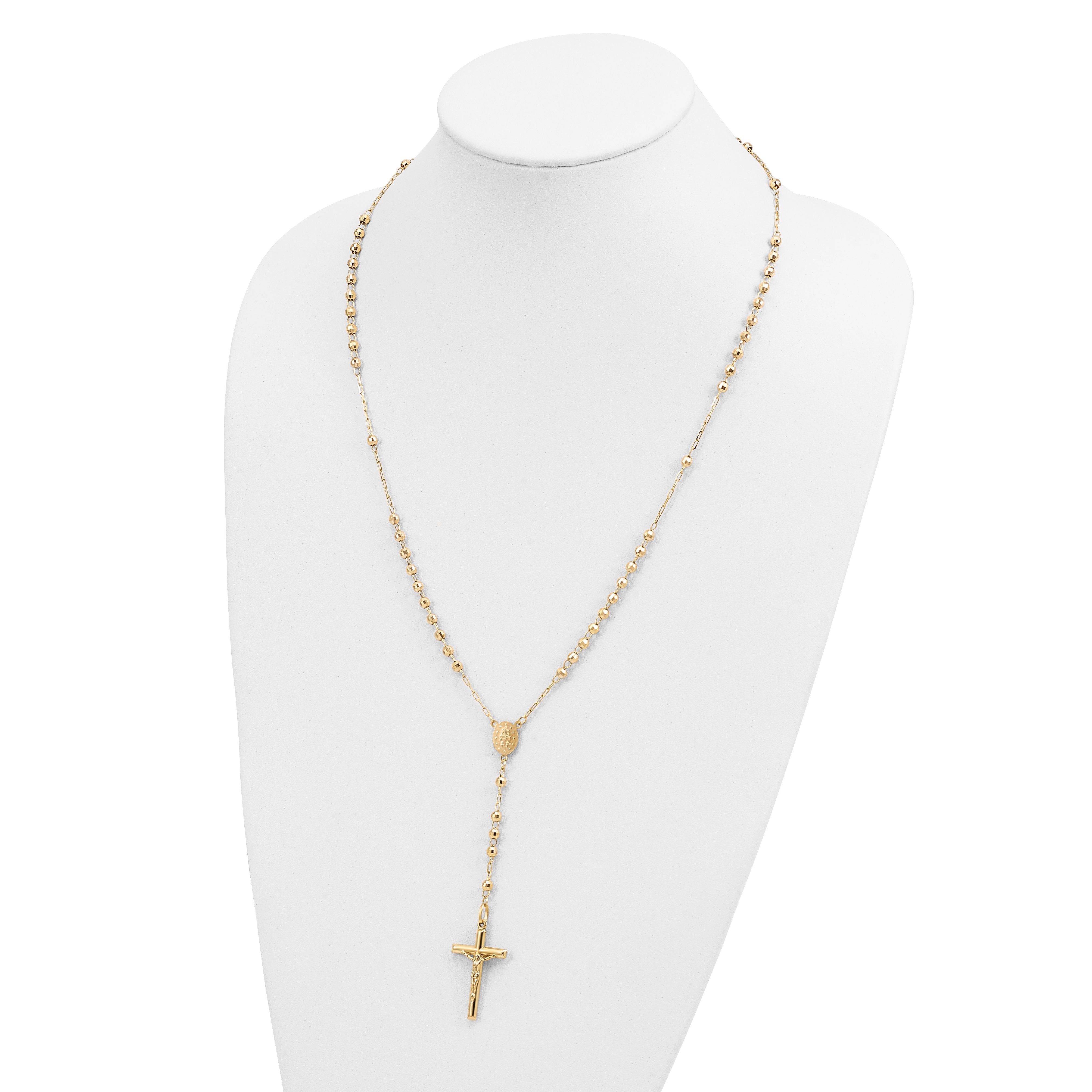 14K Gold Unisex Diamond-Cut Beaded Rosary Necklace 24-Inch - 24