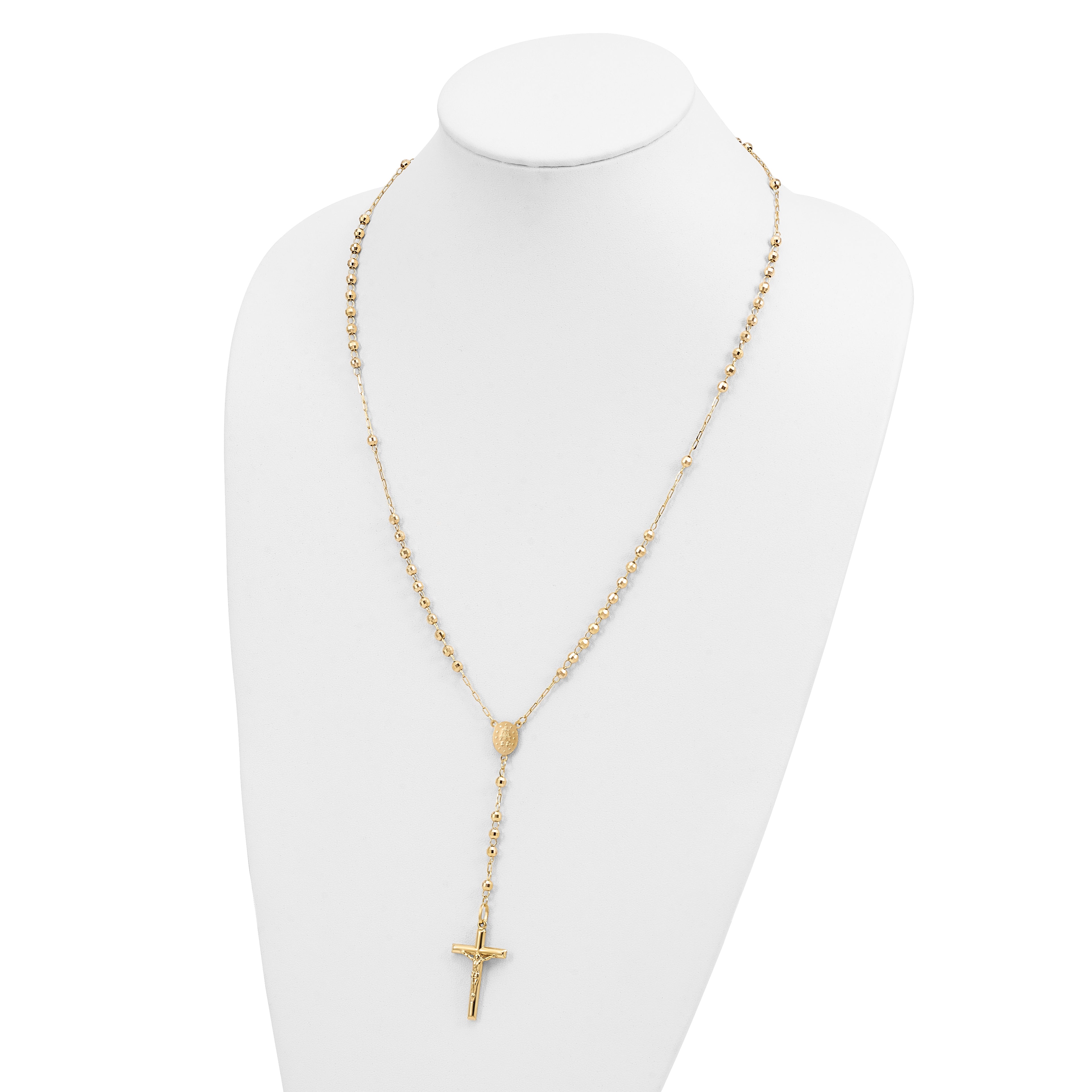 14K Gold Unisex Diamond-Cut Beaded Rosary Necklace 24-Inch