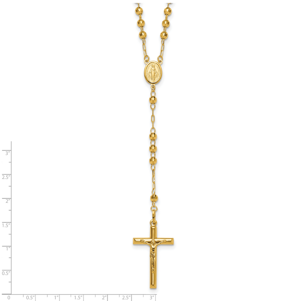14K Gold Unisex Diamond-Cut Beaded Rosary Necklace 24-Inch