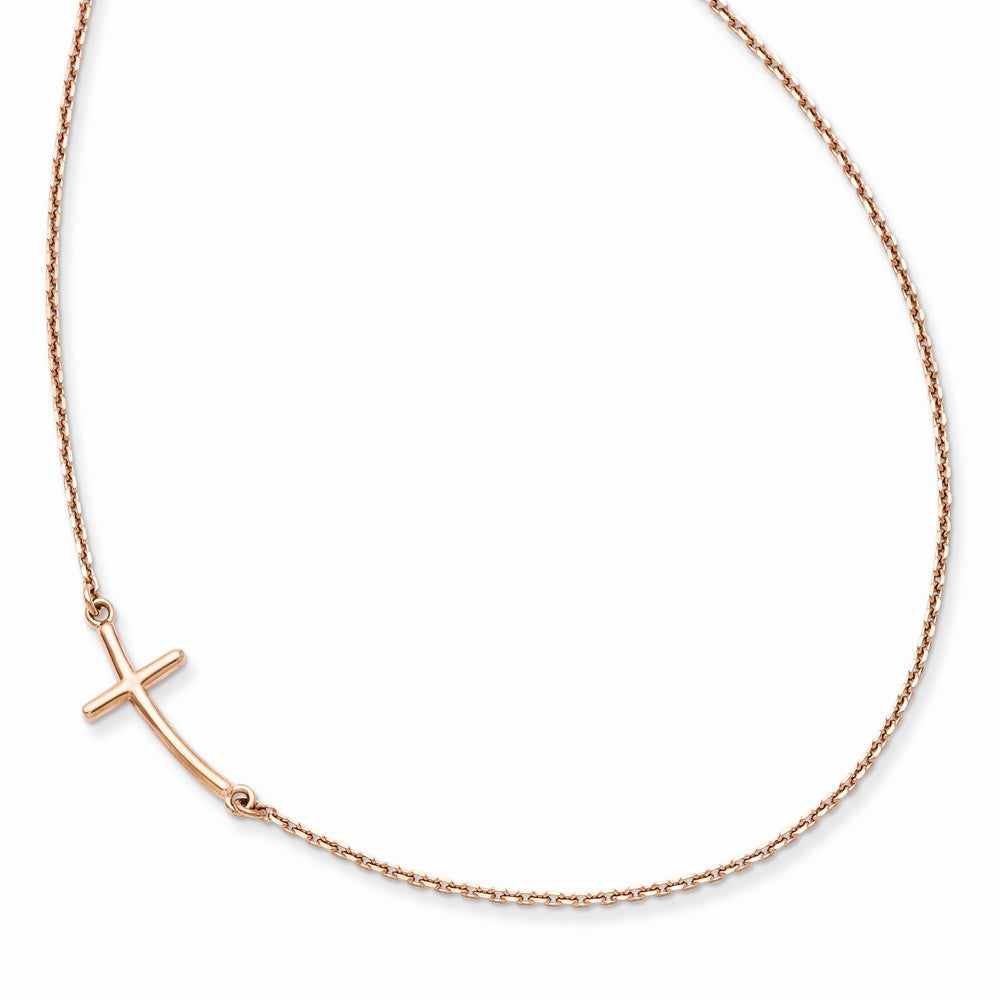 14K Rose Gold Small Sideways Curved Cross Necklace