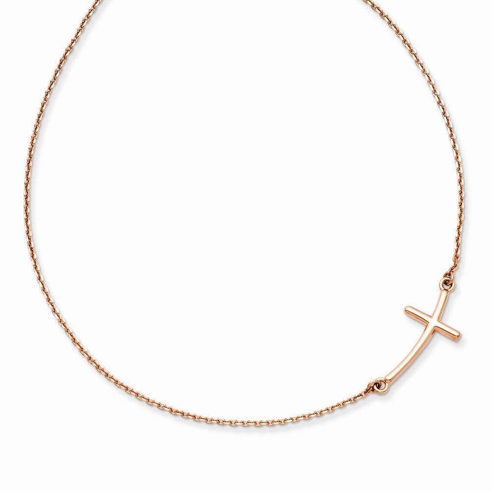 14K Rose Gold Large Sideways Curved Cross Necklace
