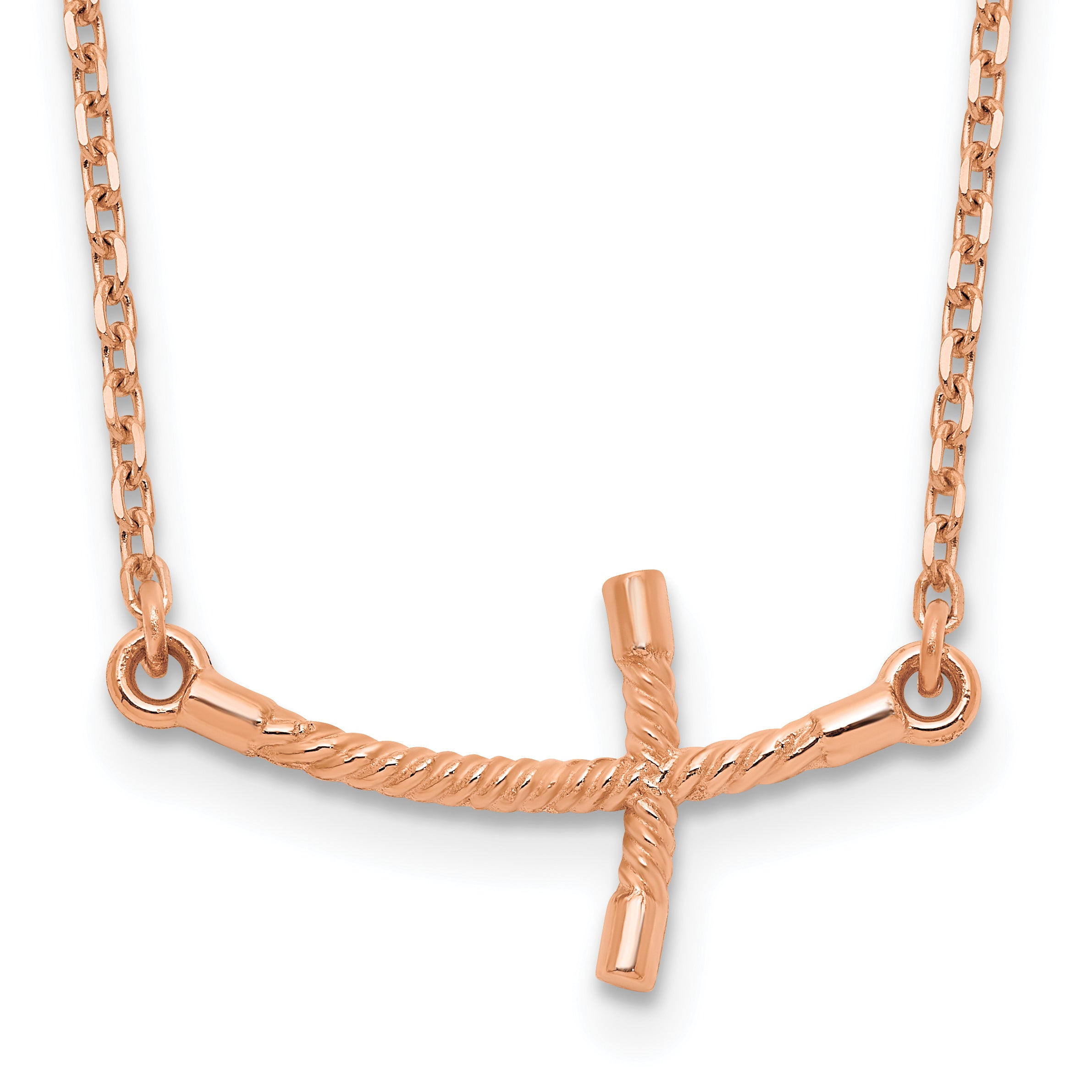 14k Rose Gold Small Sideways Curved Twist Cross Necklace Main image