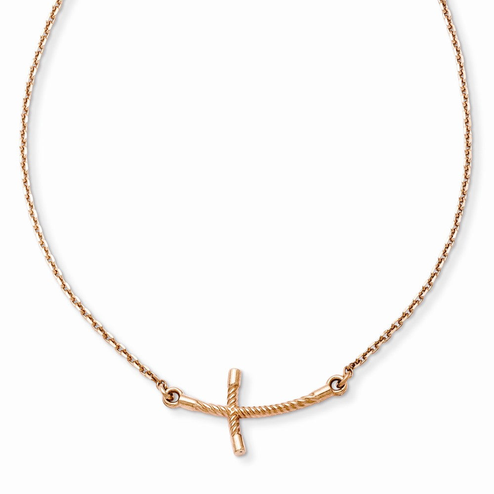 14K Rose Gold Small Sideways Curved Twist Cross Necklace