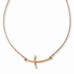 14K Rose Gold Small Sideways Curved Twist Cross Necklace