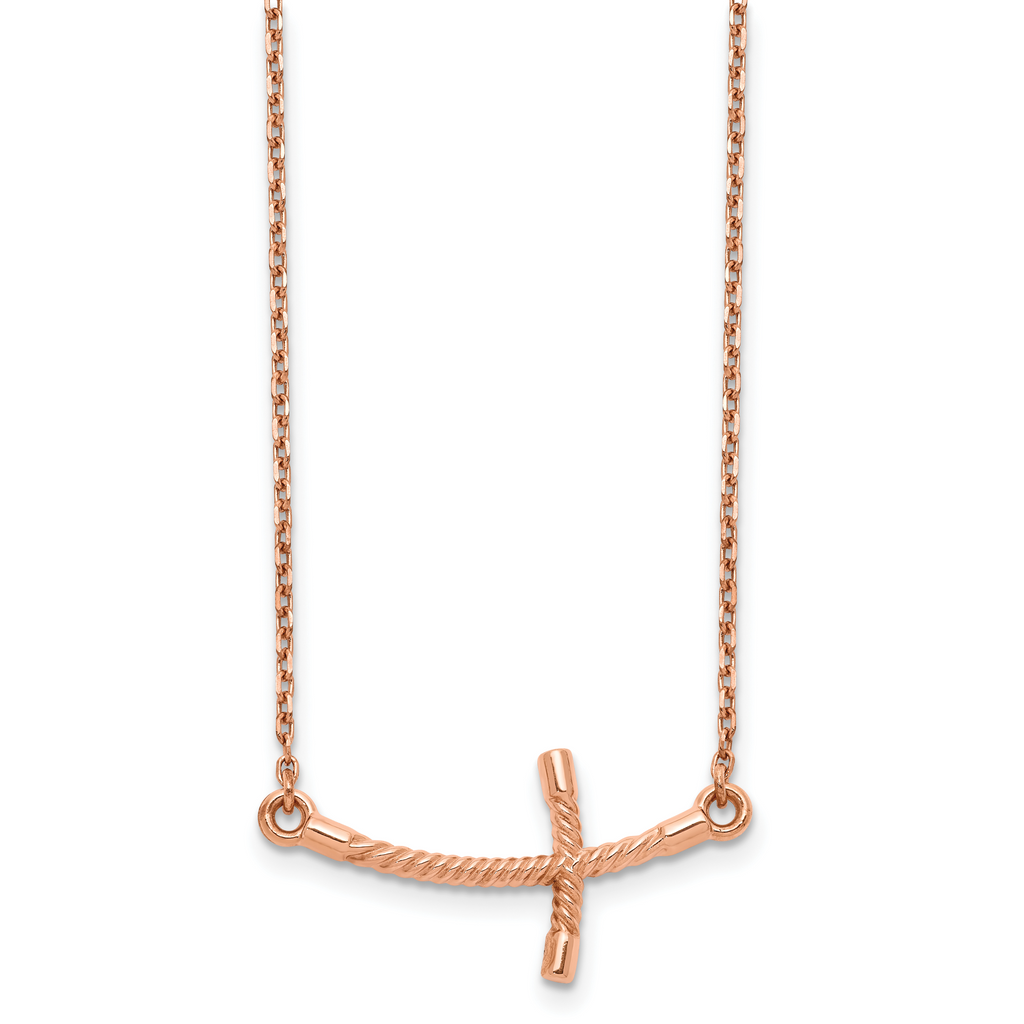 14k Rose Gold Large Sideways Curved Twist Cross Necklace
