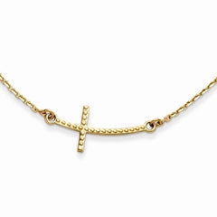 14K Sideways Curved Textured Cross Necklace