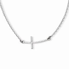 14K White Gold Sideways Curved Textured Cross Necklace