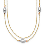 14K Tri Color 2 Strand w/Puff Beads w/2 IN Ext Necklace