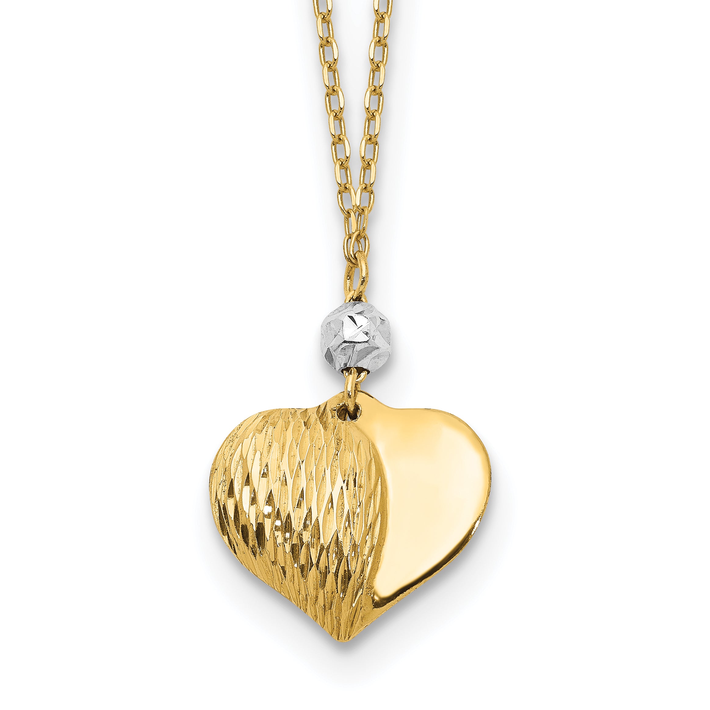 14K Two Tone Polished & D/C Puffed Heart 18 inch Necklace