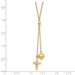14K Puffed Heart & D/C Cross Graduated Chain W/2 IN Ext Necklace
