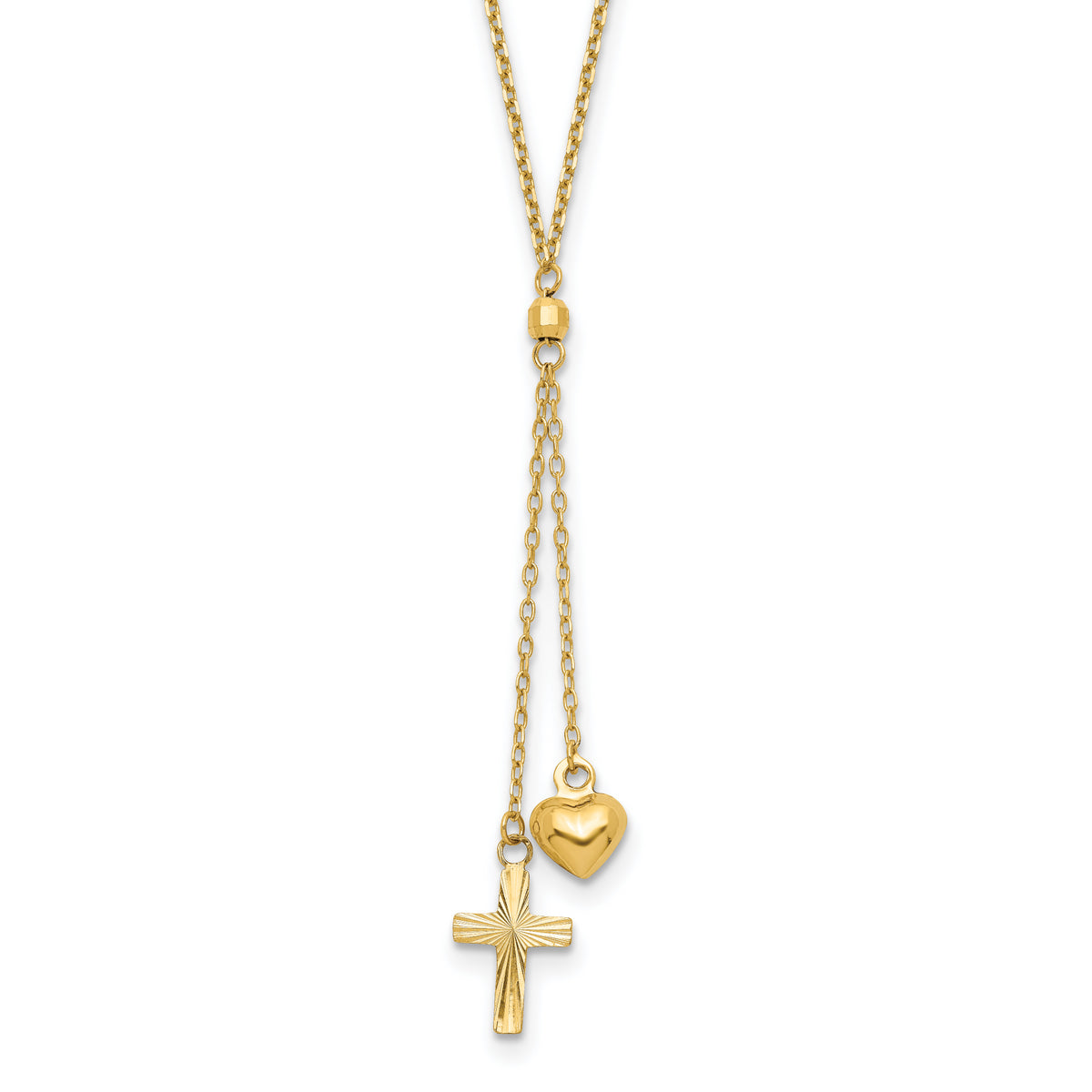 14K Puffed Heart & D/C Cross Graduated Chain W/2 IN Ext Necklace