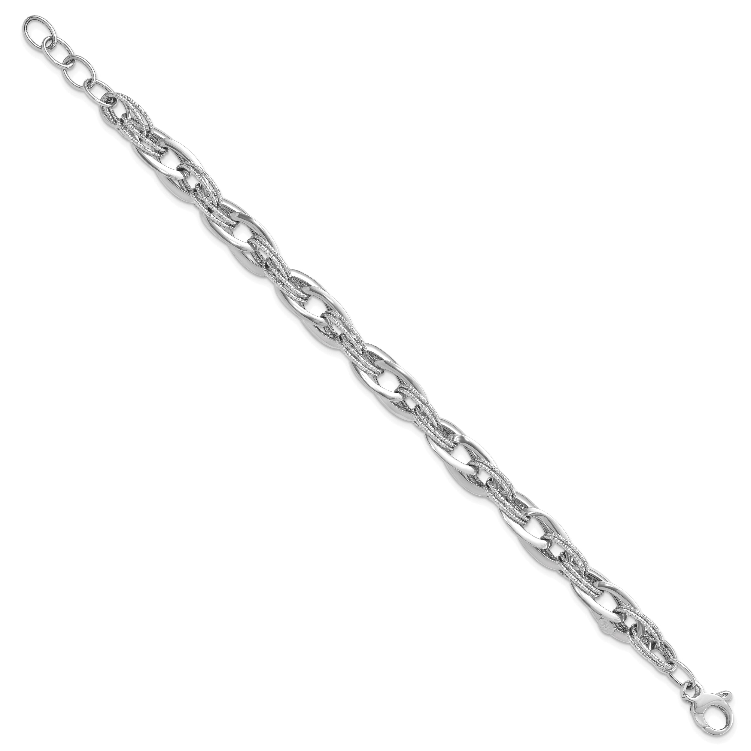 14k White Gold Polished and Textured Fancy Link 8in Bracelet