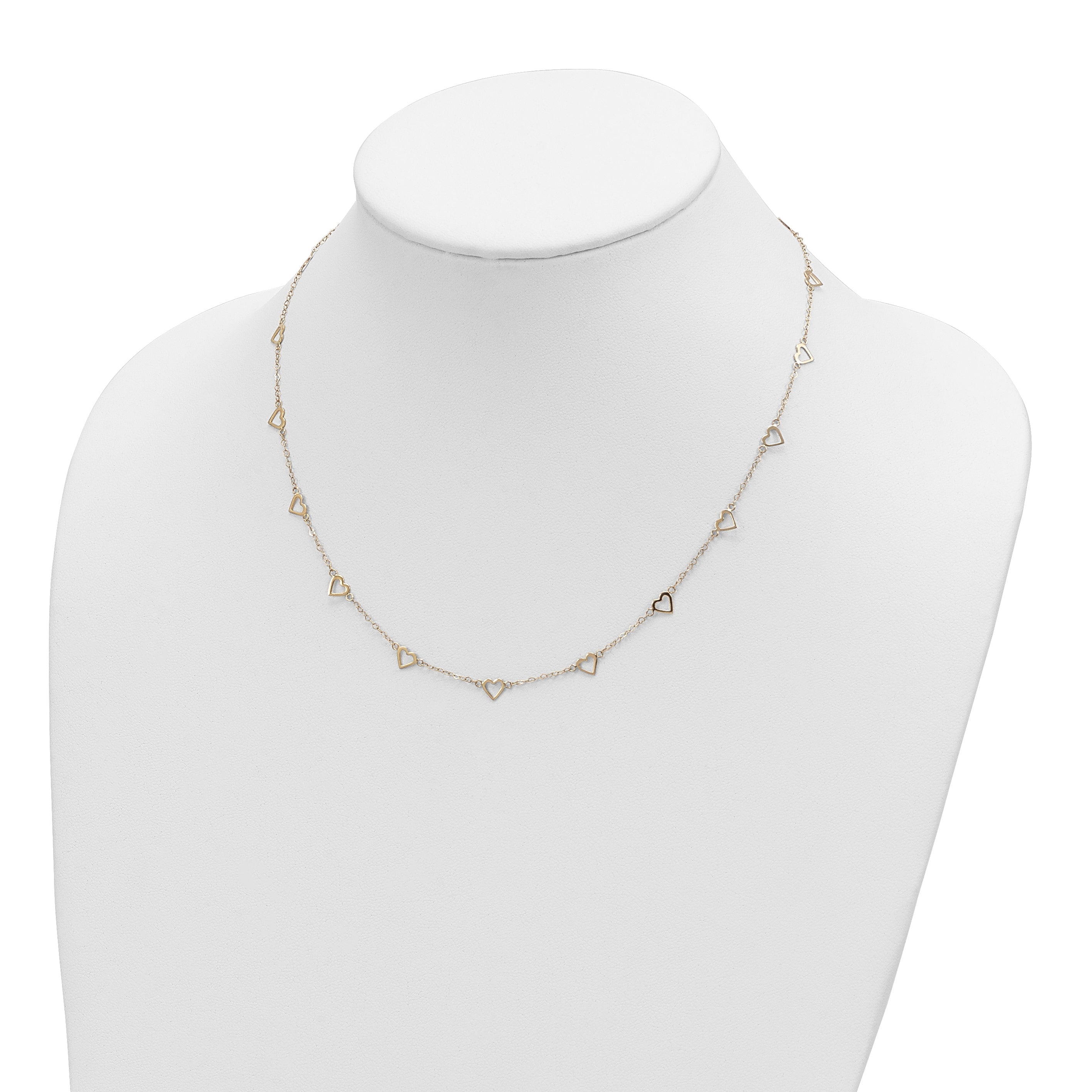 14K Gold Heart Link Necklace with Polished Open Hearts and 17-Station Design