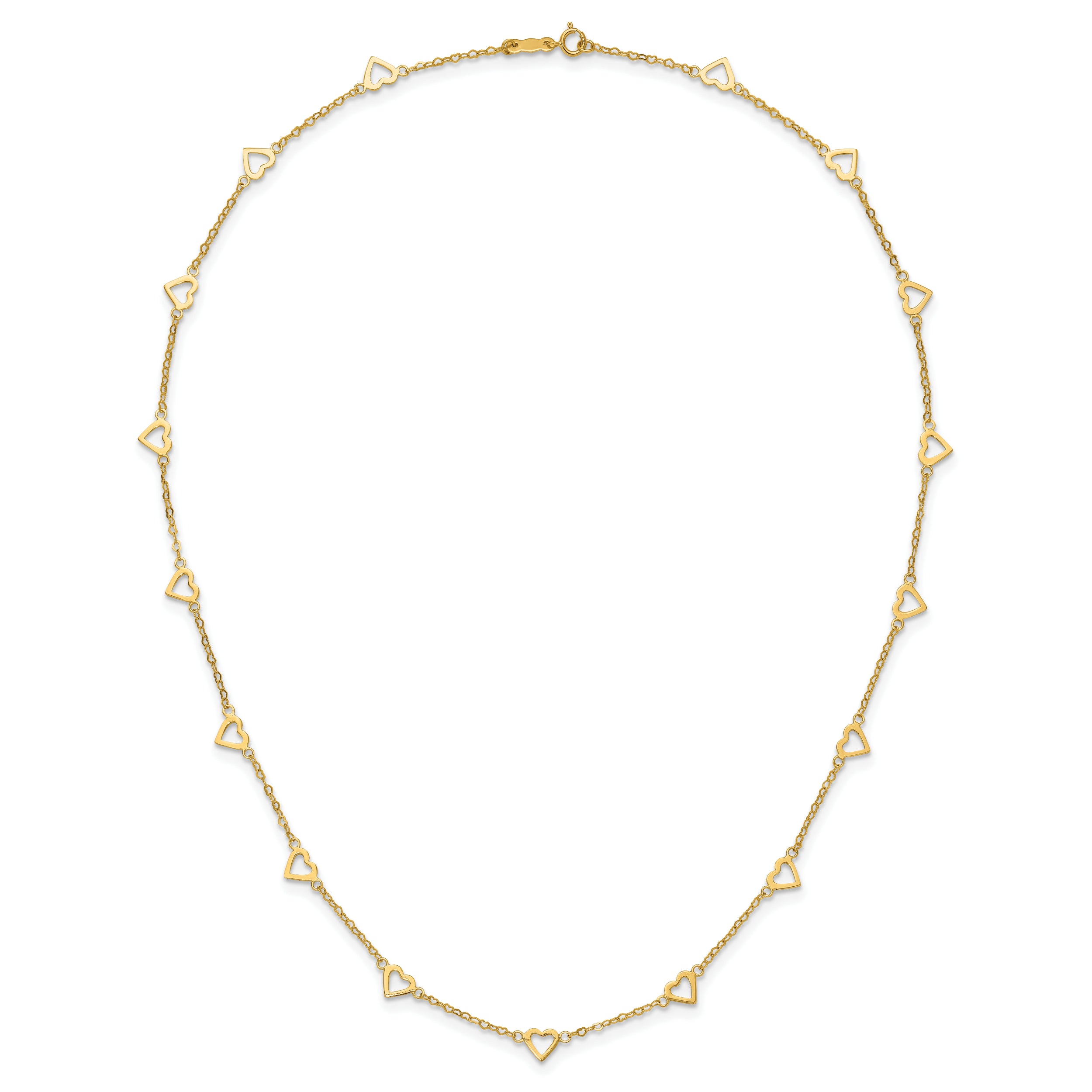 14K Gold Heart Link Necklace with Polished Open Hearts and 17-Station Design