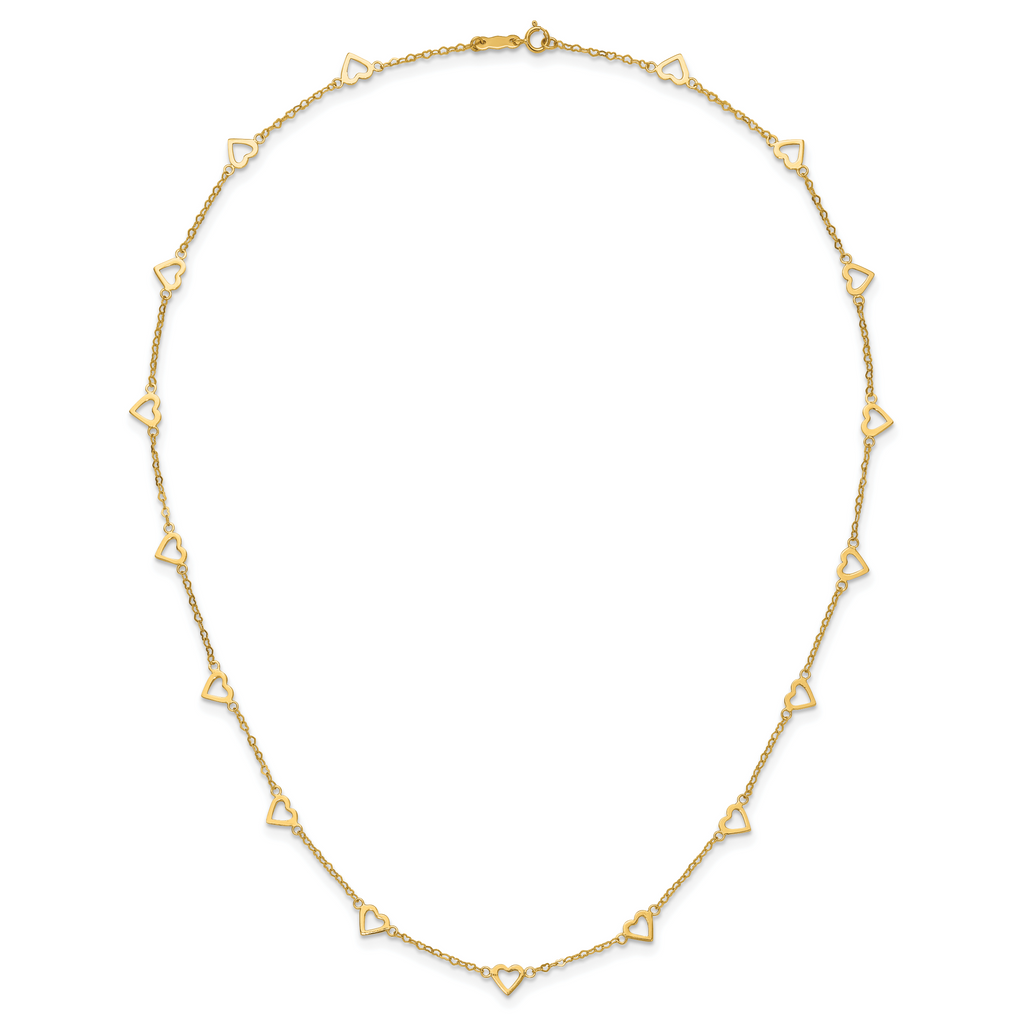 14K Gold Heart Link Necklace with Polished Open Hearts and 17-Station Design