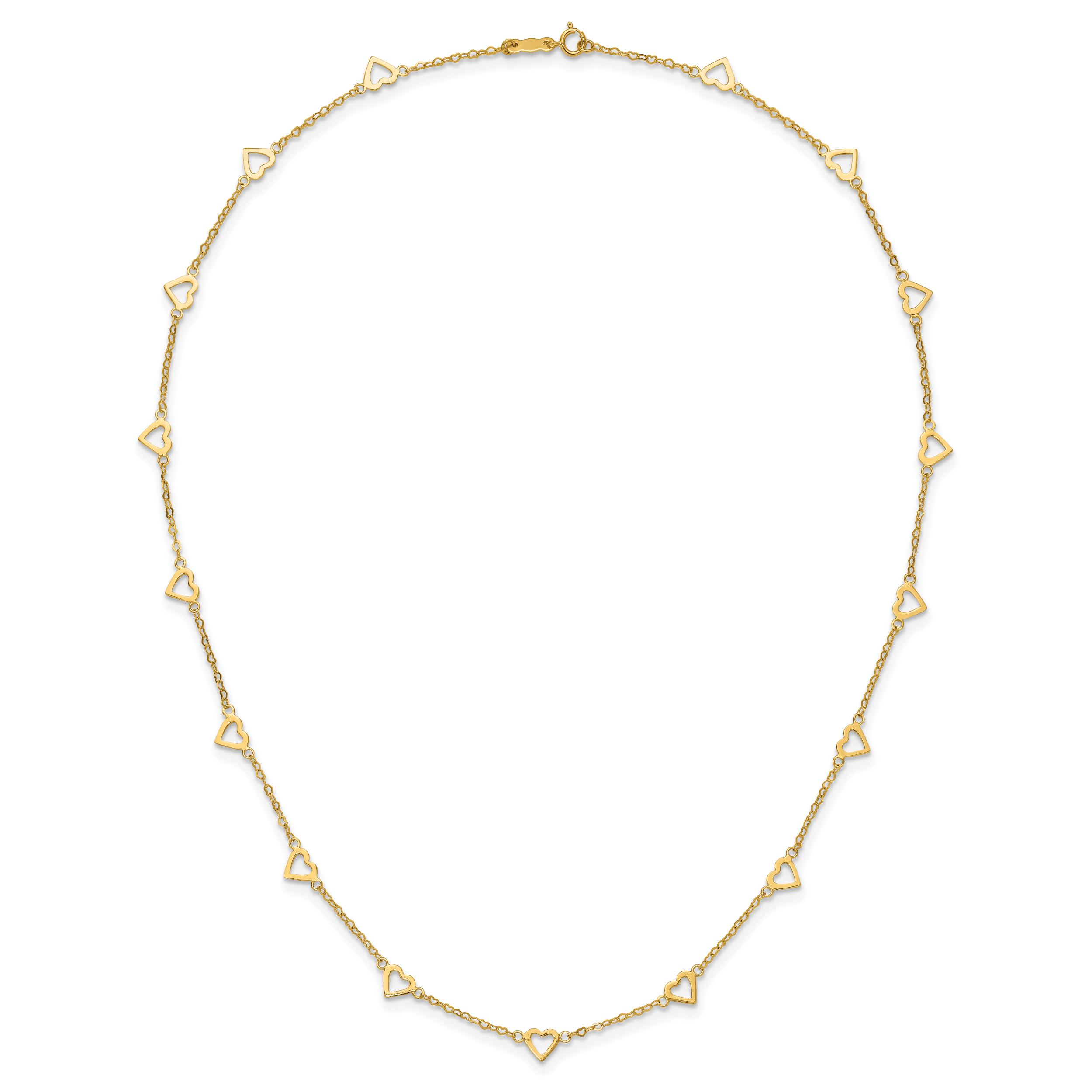 14K Gold Heart Link Necklace with Polished Open Hearts and 17-Station Design