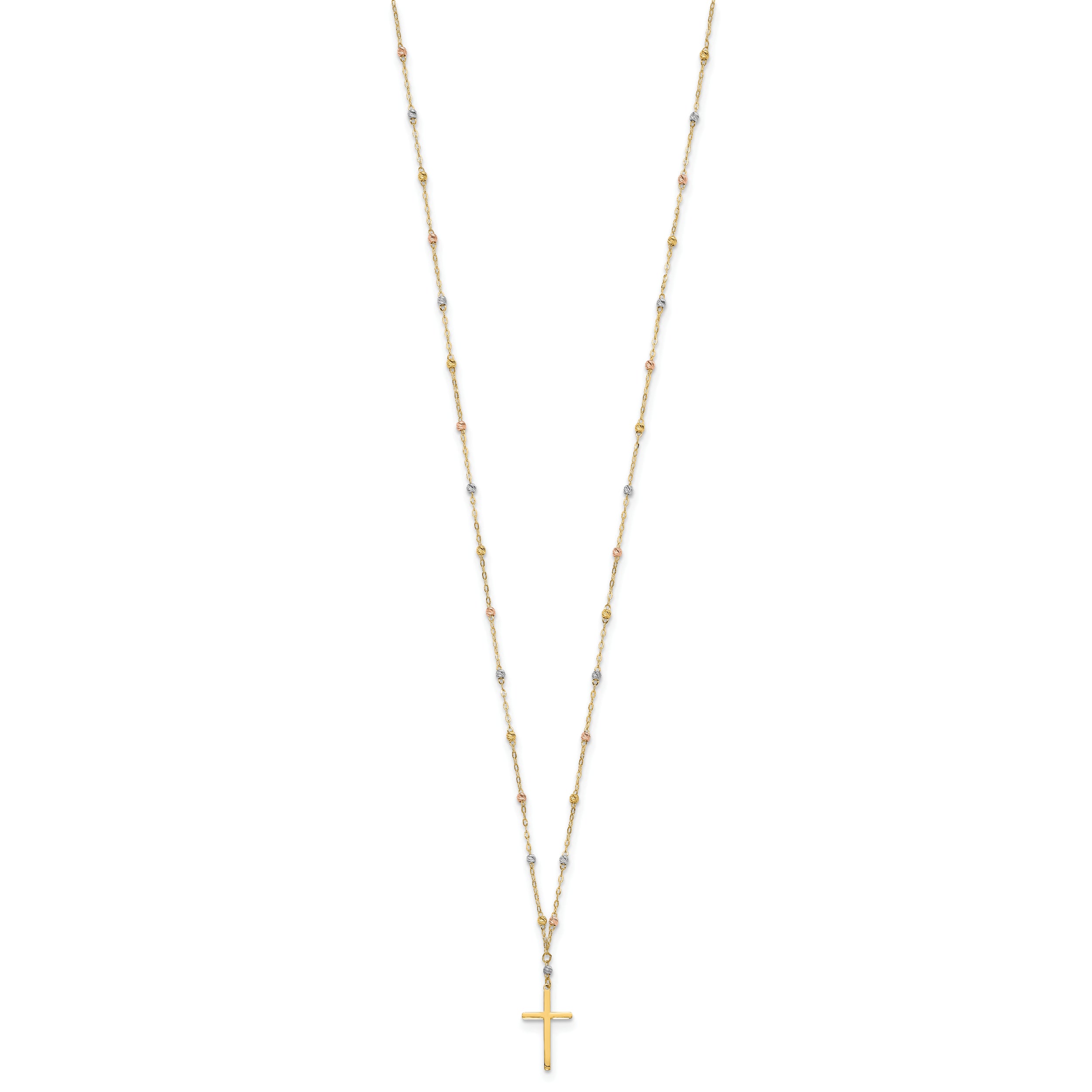 14K Tri-Color Gold Unisex Cross Necklace with Diamond-Cut Beaded Polished Finish - 17