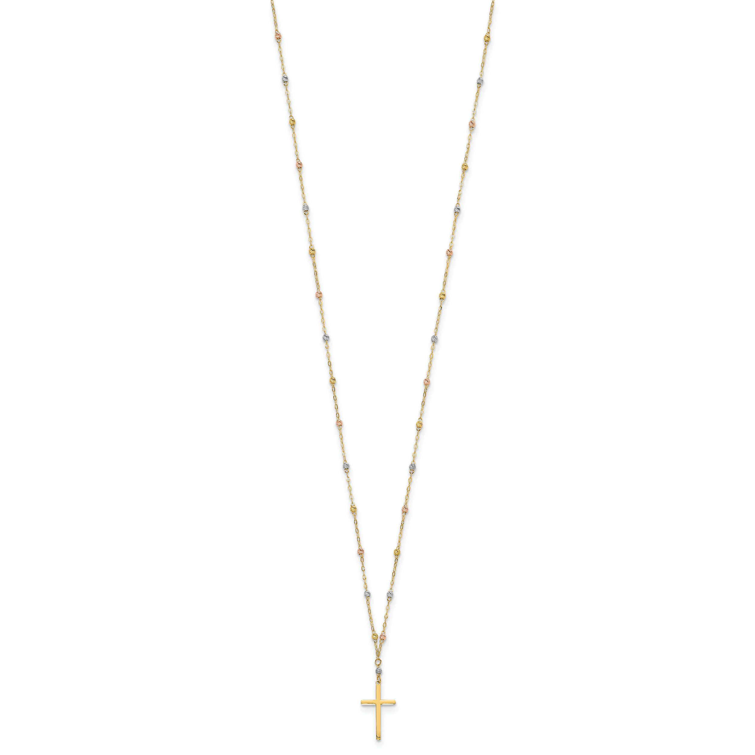 14K Tri-Color Gold Unisex Cross Necklace with Diamond-Cut Beaded Polished Finish Secondary image