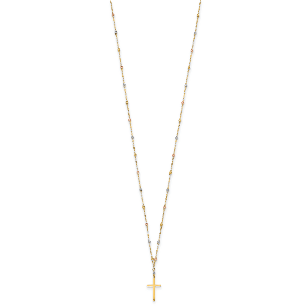 14K Tri-Color Gold Unisex Cross Necklace with Diamond-Cut Beaded Polished Finish