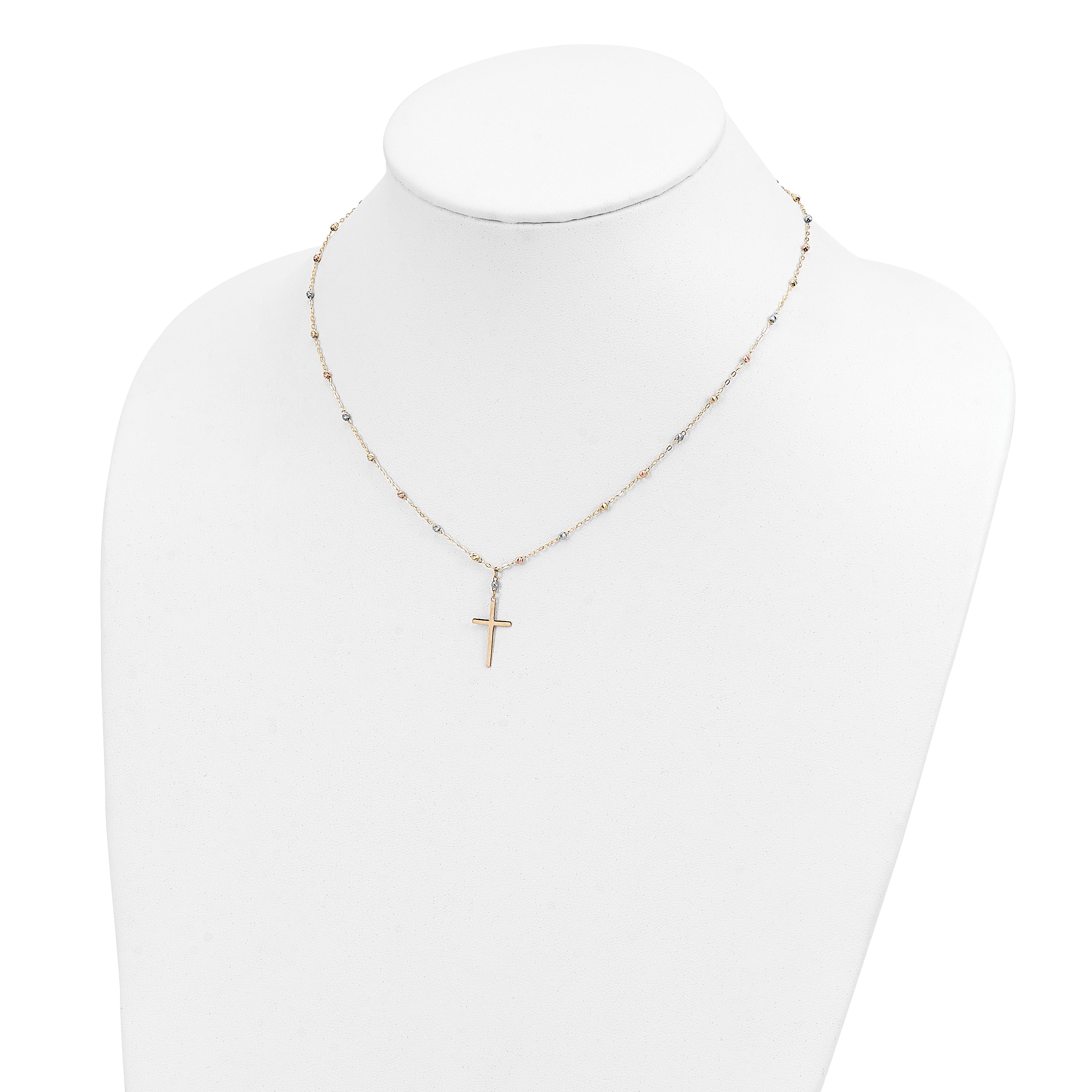 14K Tri-Color Gold Unisex Cross Necklace with Diamond-Cut Beaded Polished Finish