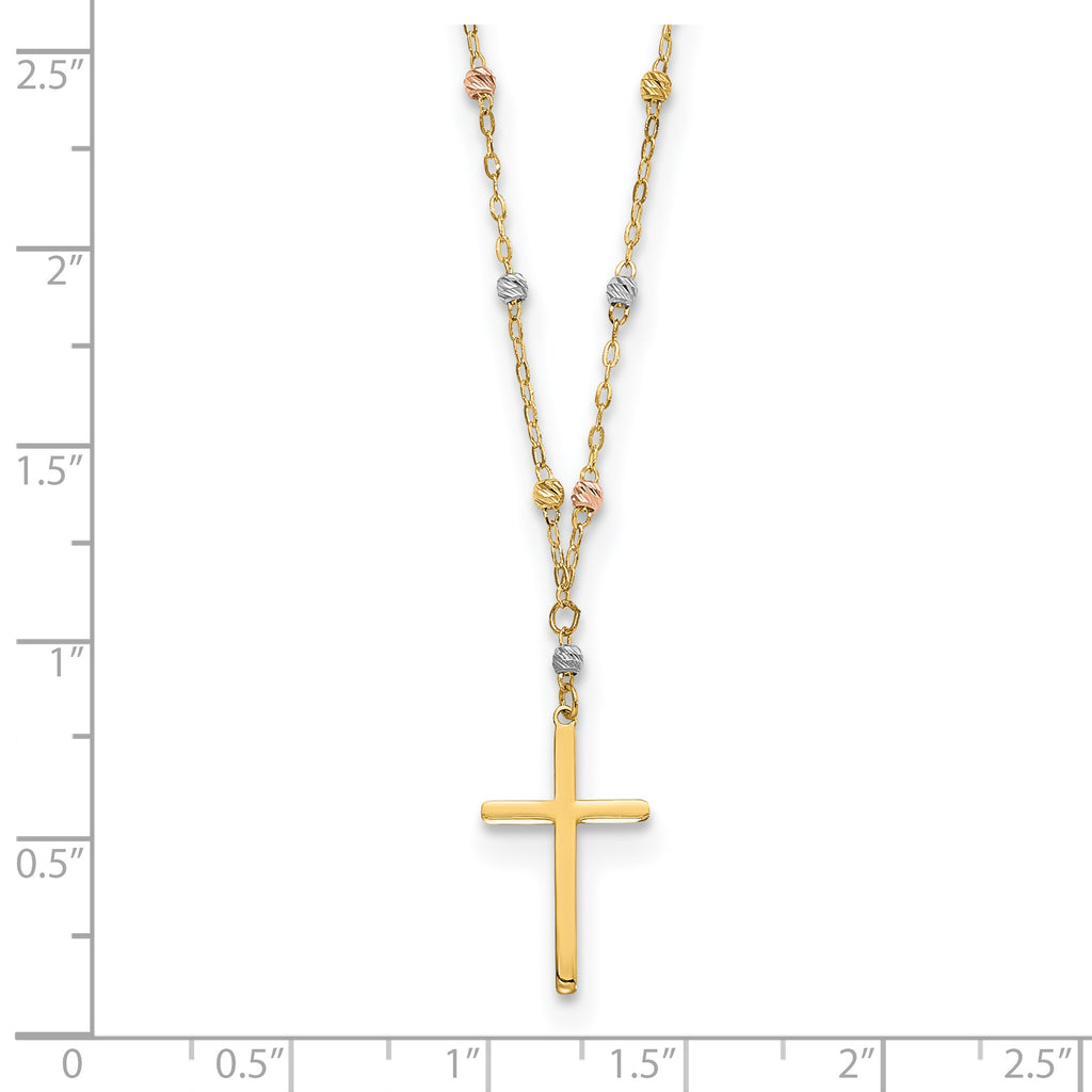 14K Tri-Color Gold Unisex Cross Necklace with Diamond-Cut Beaded Polished Finish