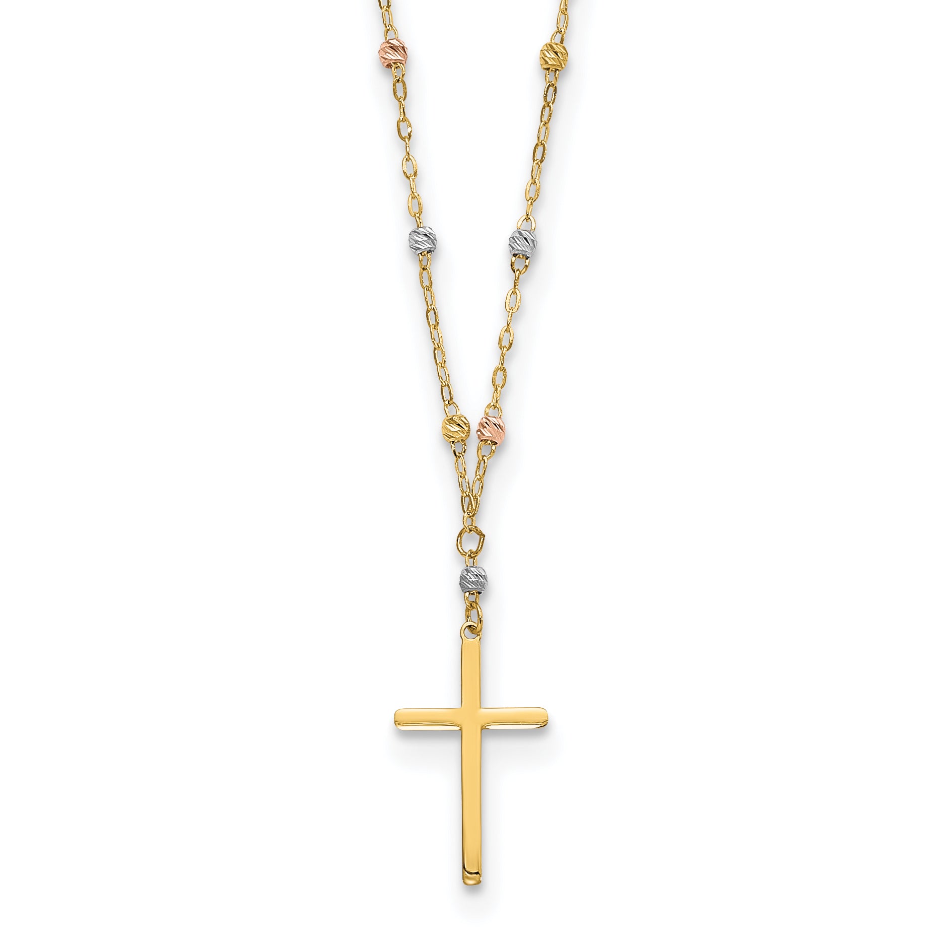 14k Tri-color Diamond-cut Beaded Polished Cross Necklace Main image