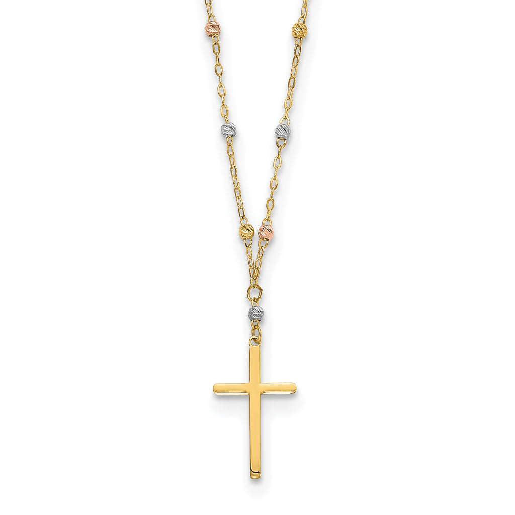 14k Tri-color Diamond-cut Beaded Polished Cross Necklace