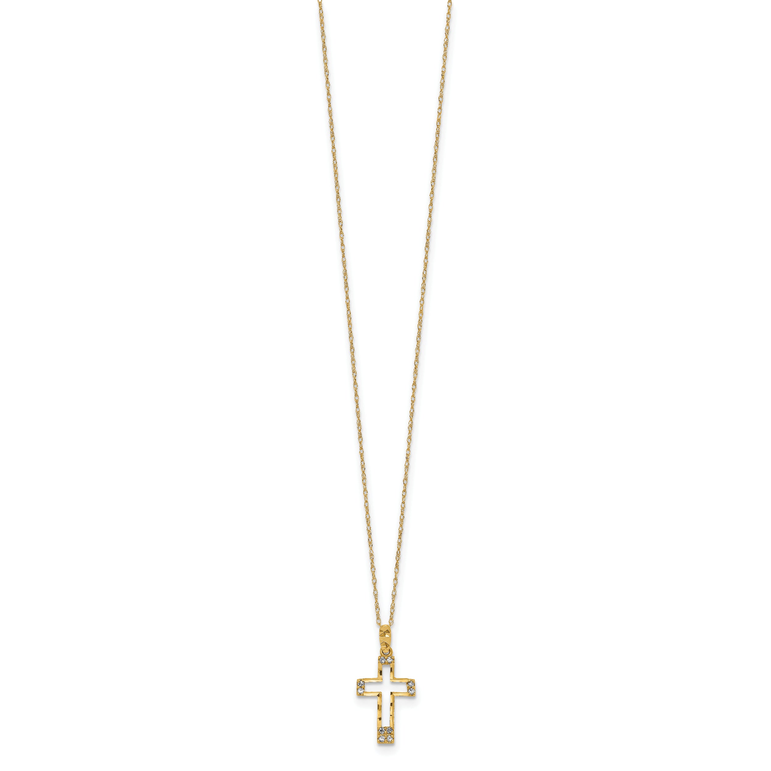 14K Gold CZ Cross Necklace with Polished Finish and Elegant Chain