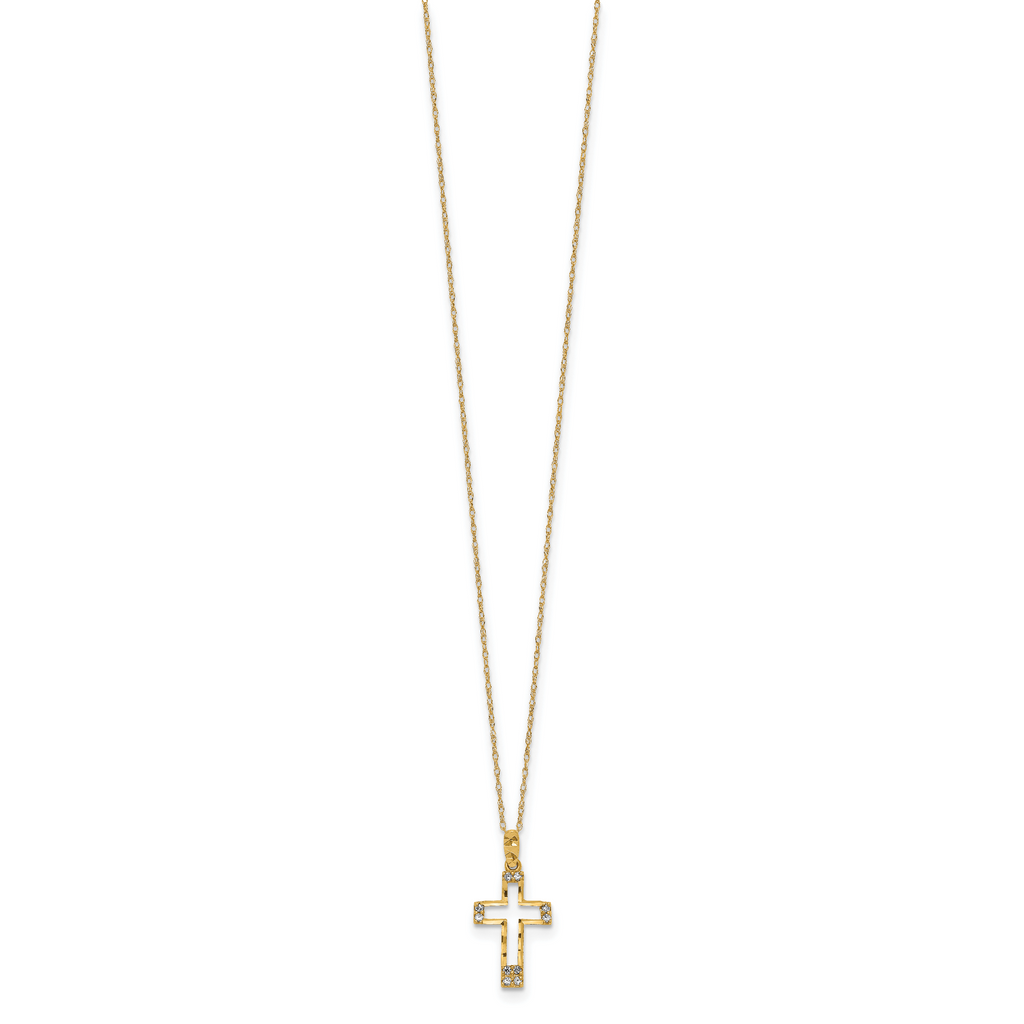 14K Gold CZ Cross Necklace with Polished Finish and Elegant Chain