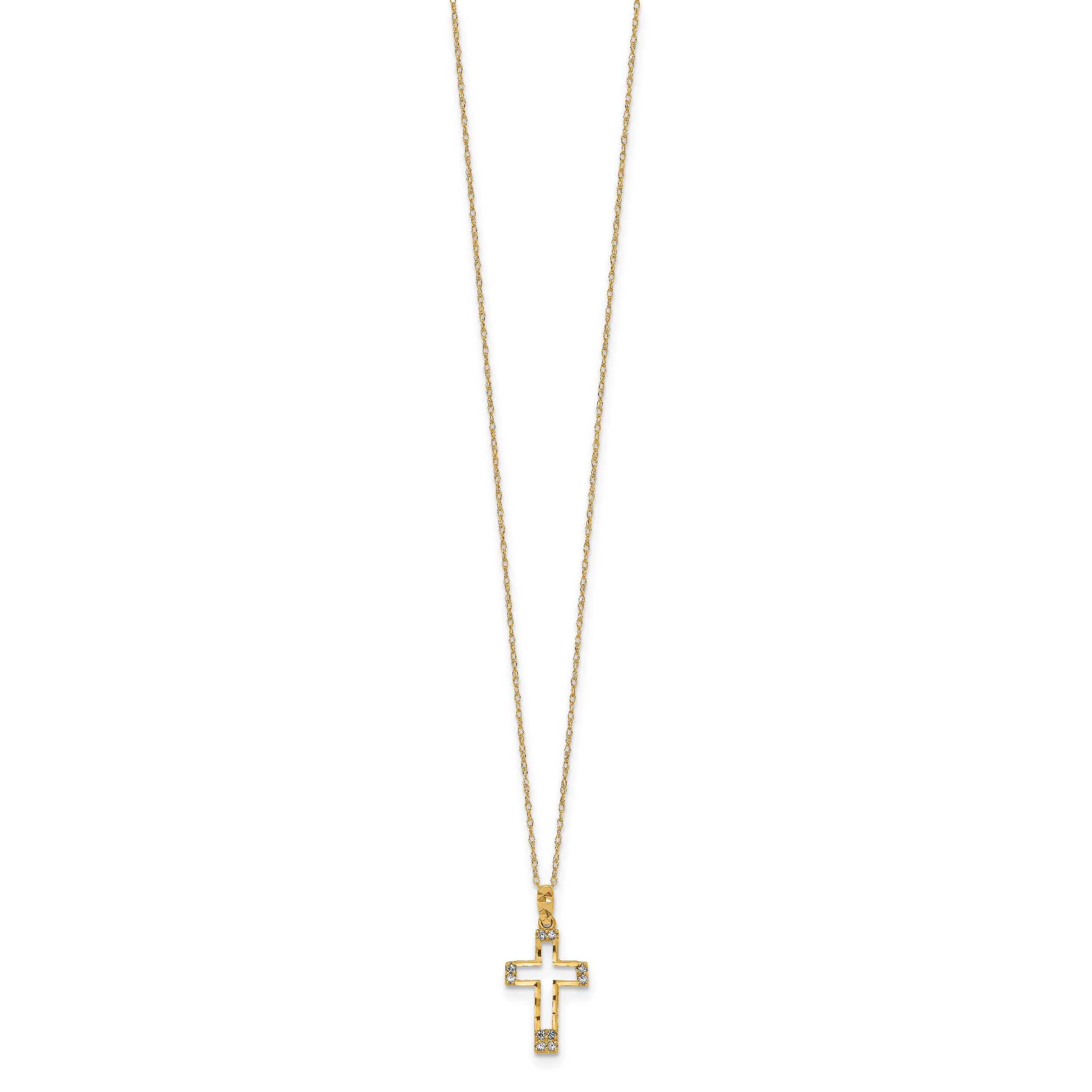 14K Gold CZ Cross Necklace with Polished Finish and Elegant Chain