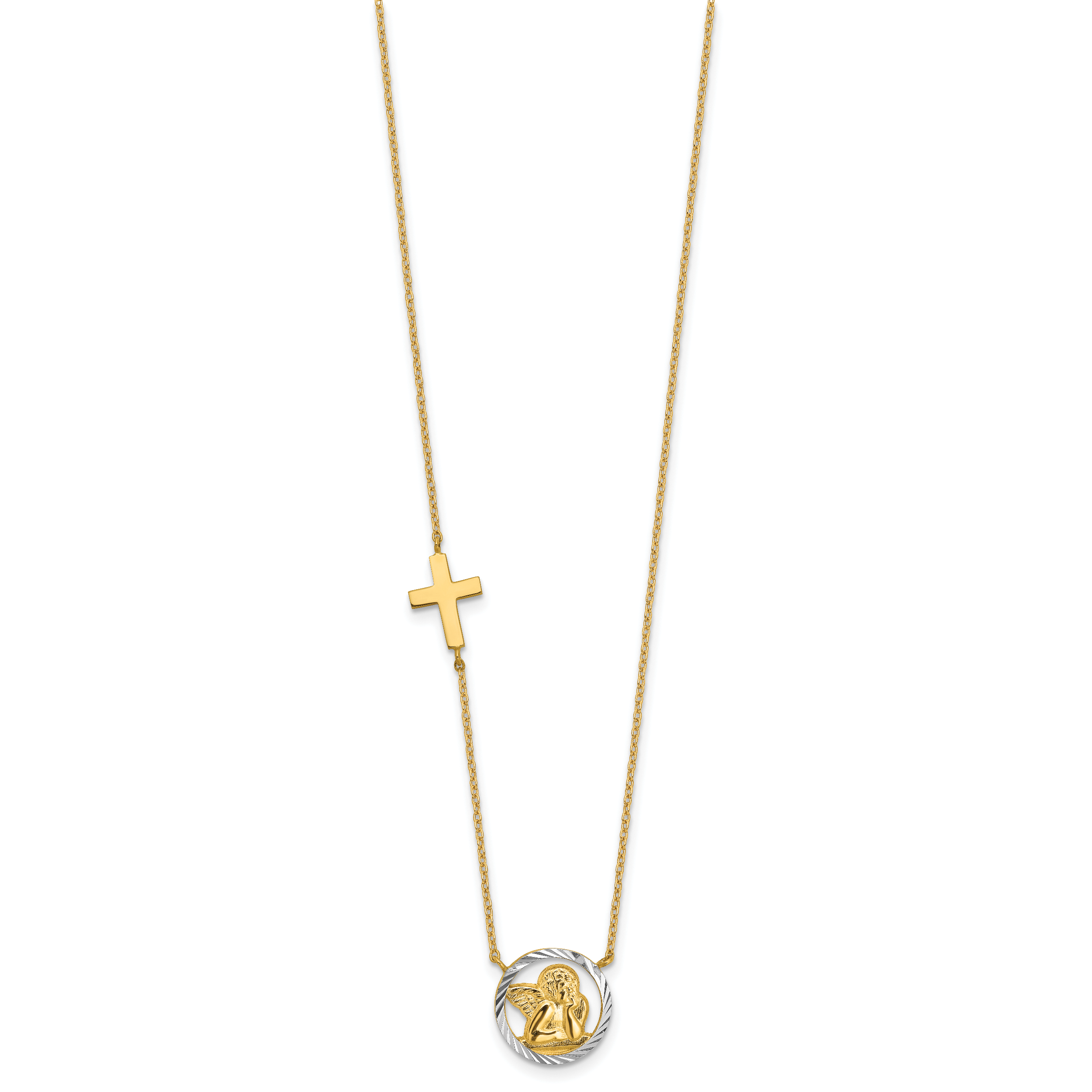 14K Gold Rhodium-Plated Angel & Cross Necklace with Diamond-Cut Elegance Secondary image