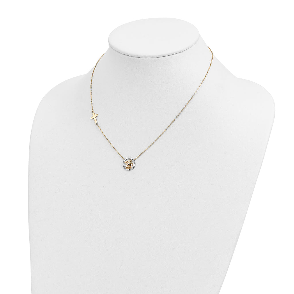 14K Gold Rhodium-Plated Angel & Cross Necklace with Diamond-Cut Elegance