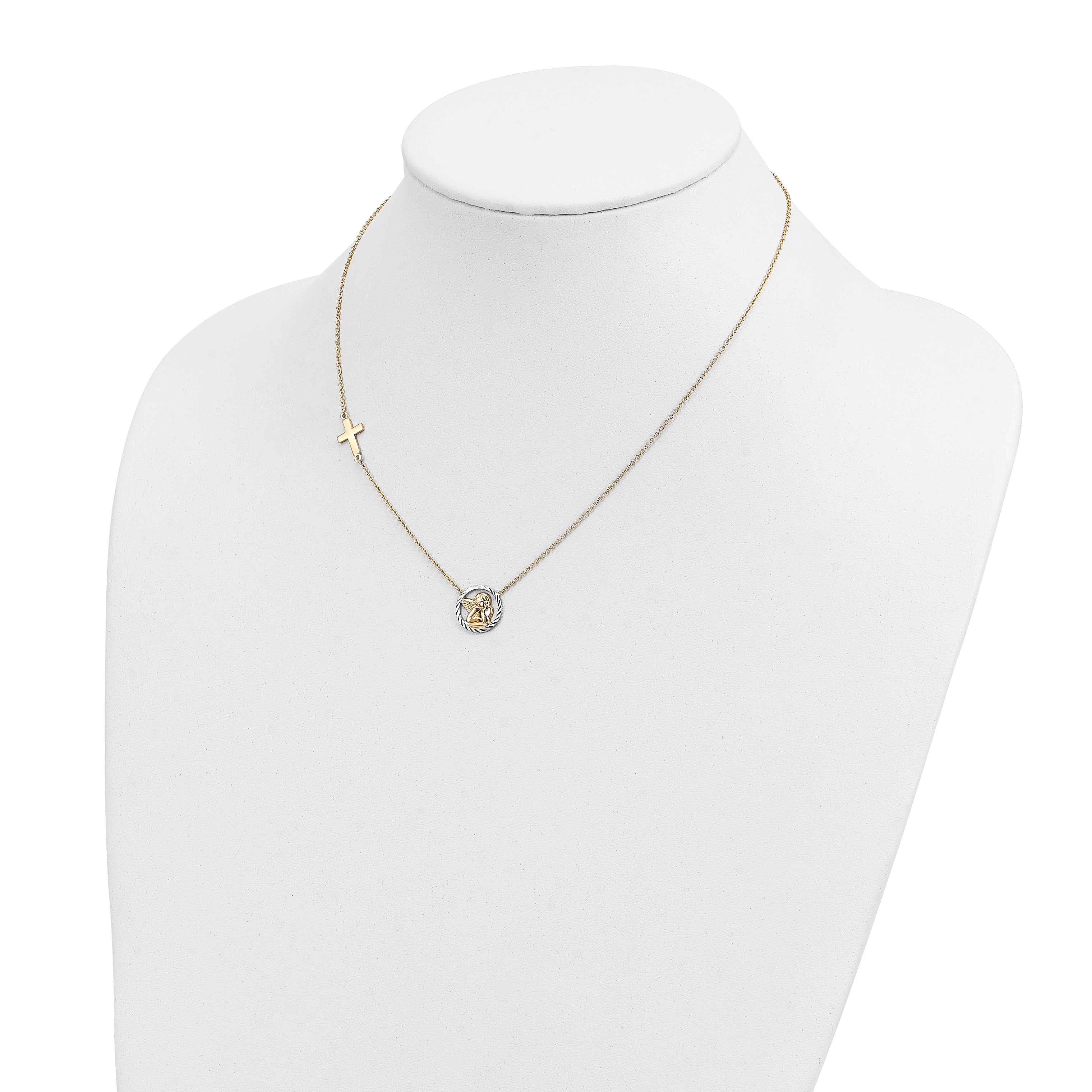 14K Gold Rhodium-Plated Angel & Cross Necklace with Diamond-Cut Elegance