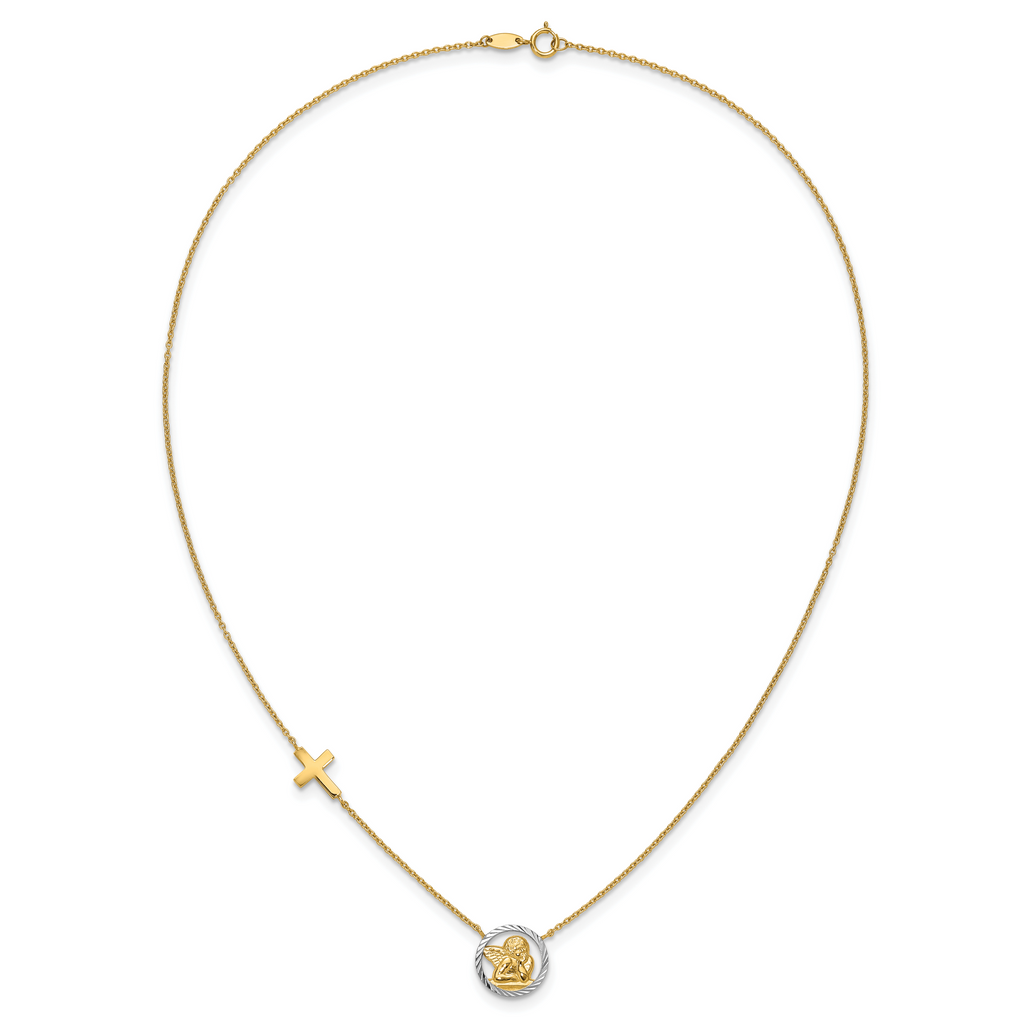 14K Gold Rhodium-Plated Angel & Cross Necklace with Diamond-Cut Elegance