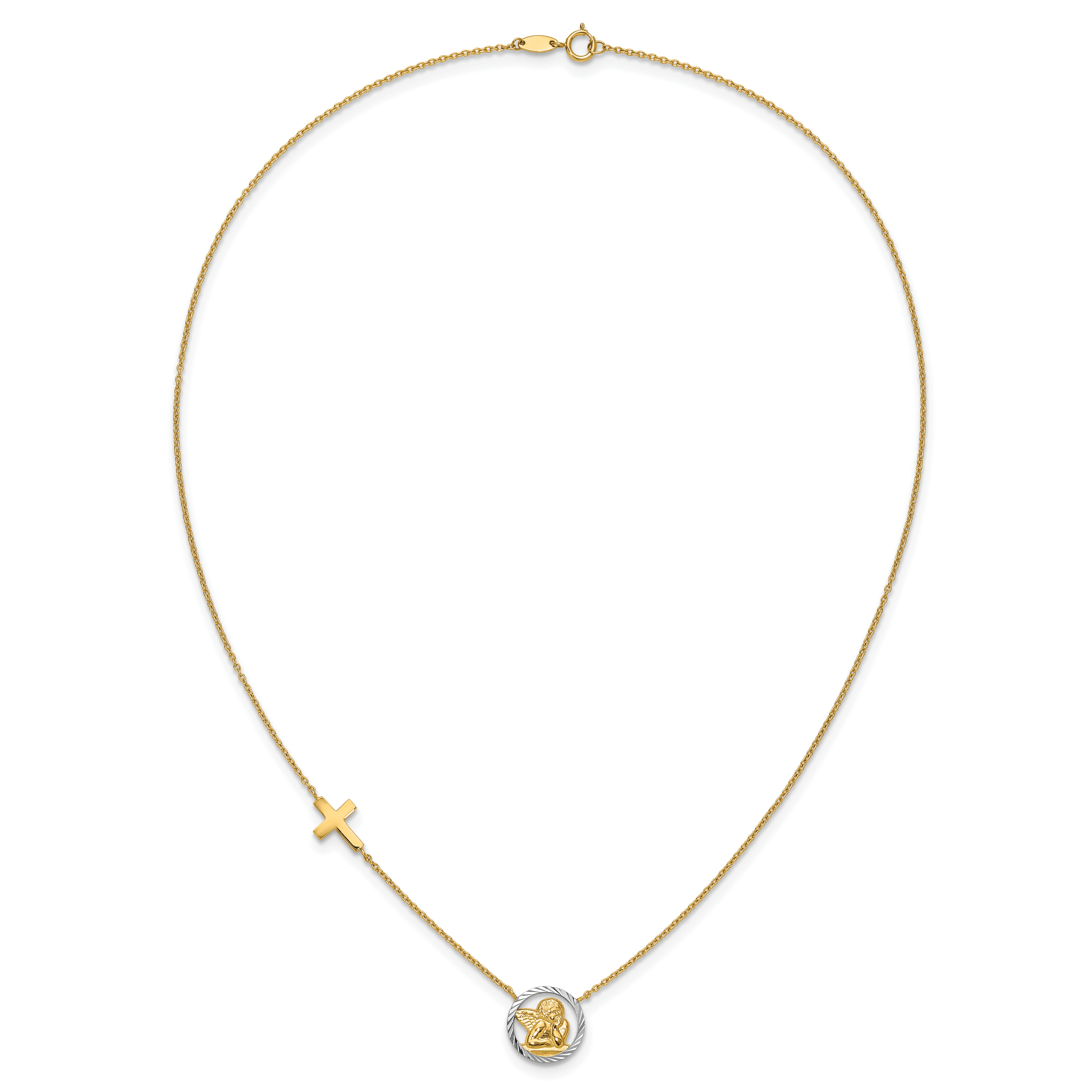 14K Gold Rhodium-Plated Angel & Cross Necklace with Diamond-Cut Elegance