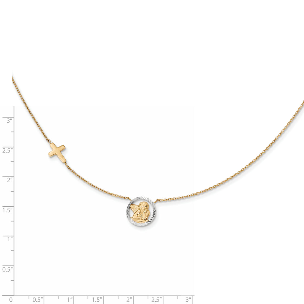 14K Gold Rhodium-Plated Angel & Cross Necklace with Diamond-Cut Elegance