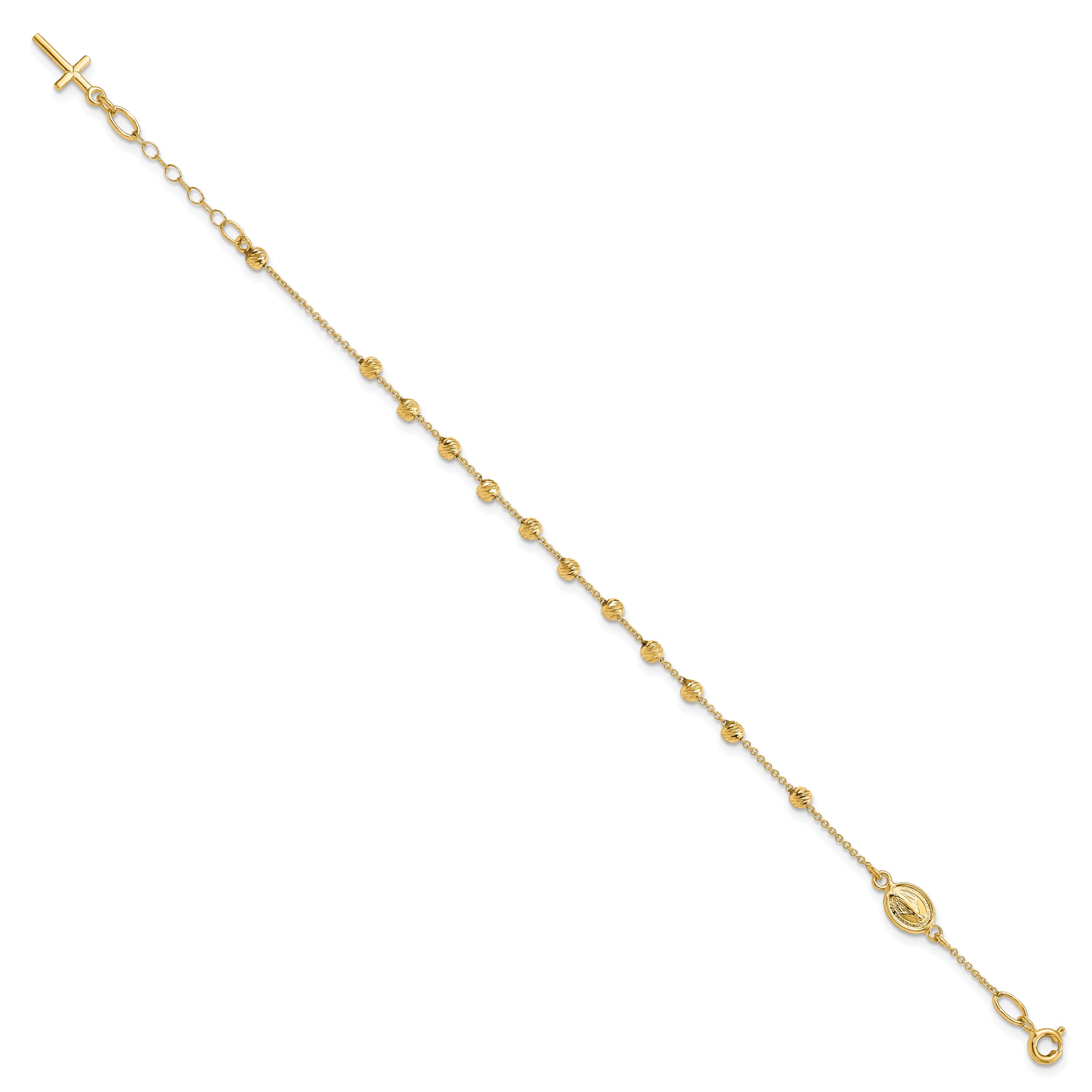 14k Polished D/C Cross and Miraculous Medal .75in ext. Bracelet